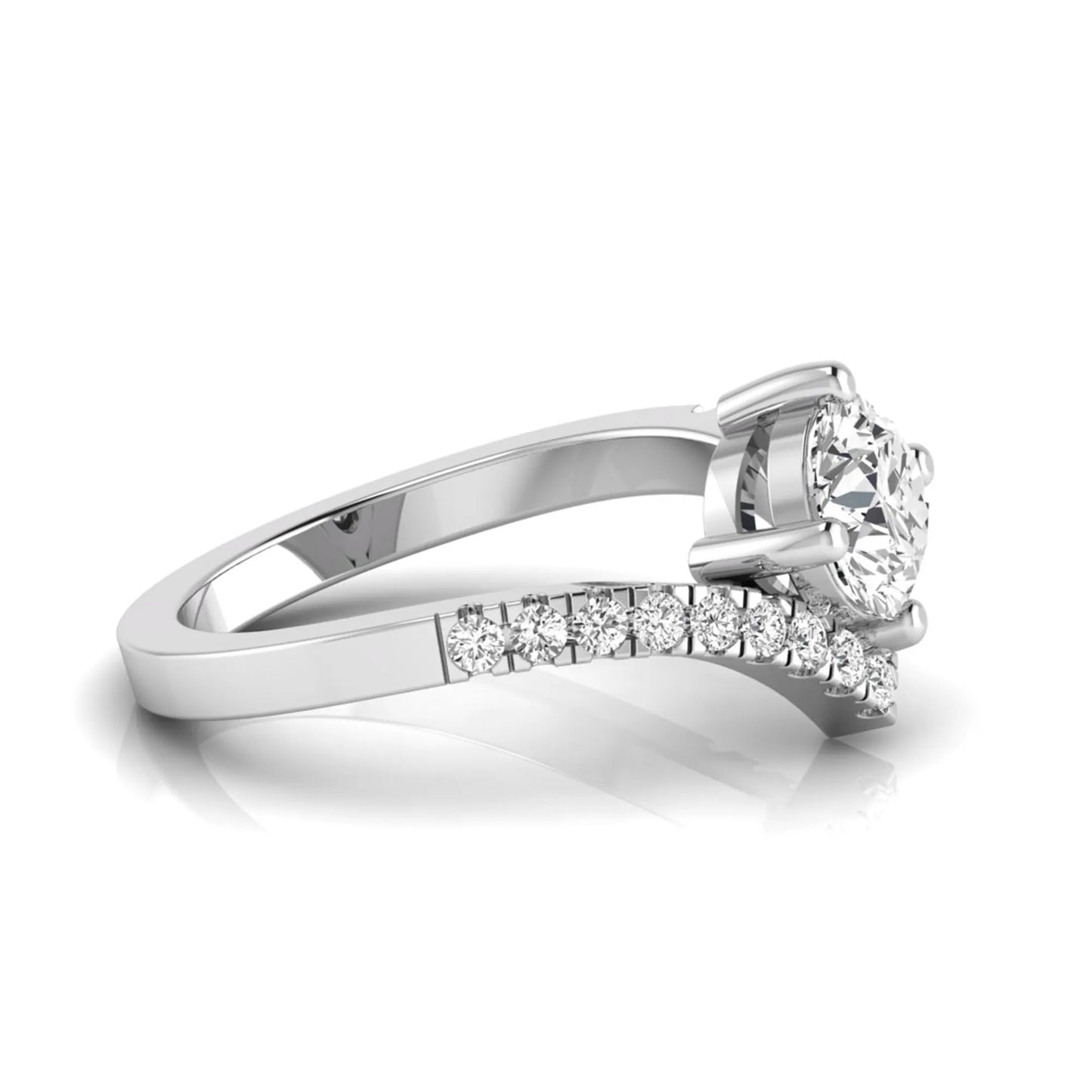 Round cut lab grown diamond engagement ring featuring a four-prong setting with a chevron pavé diamond band in white gold tone.