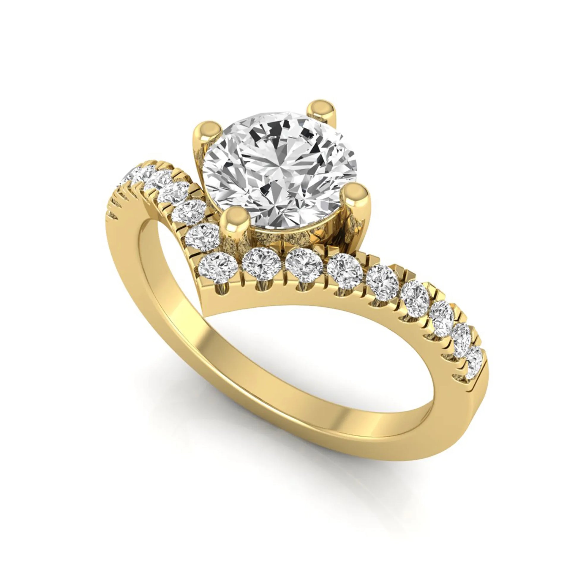 Round cut lab grown diamond engagement ring featuring a four-prong setting with a chevron pavé diamond band in yellow gold tone.