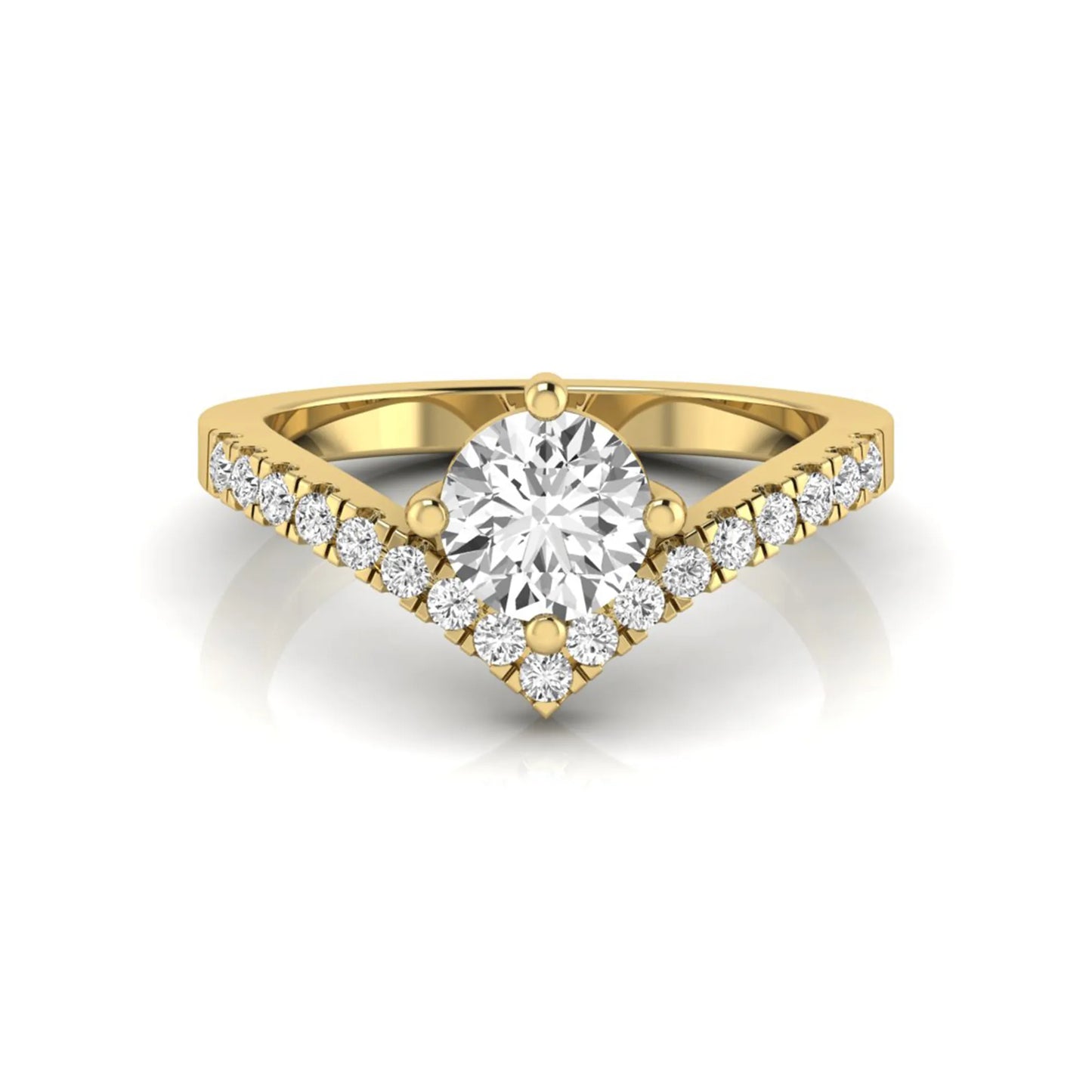 Round cut lab grown diamond engagement ring featuring a four-prong setting with a chevron pavé diamond band in yellow gold tone.