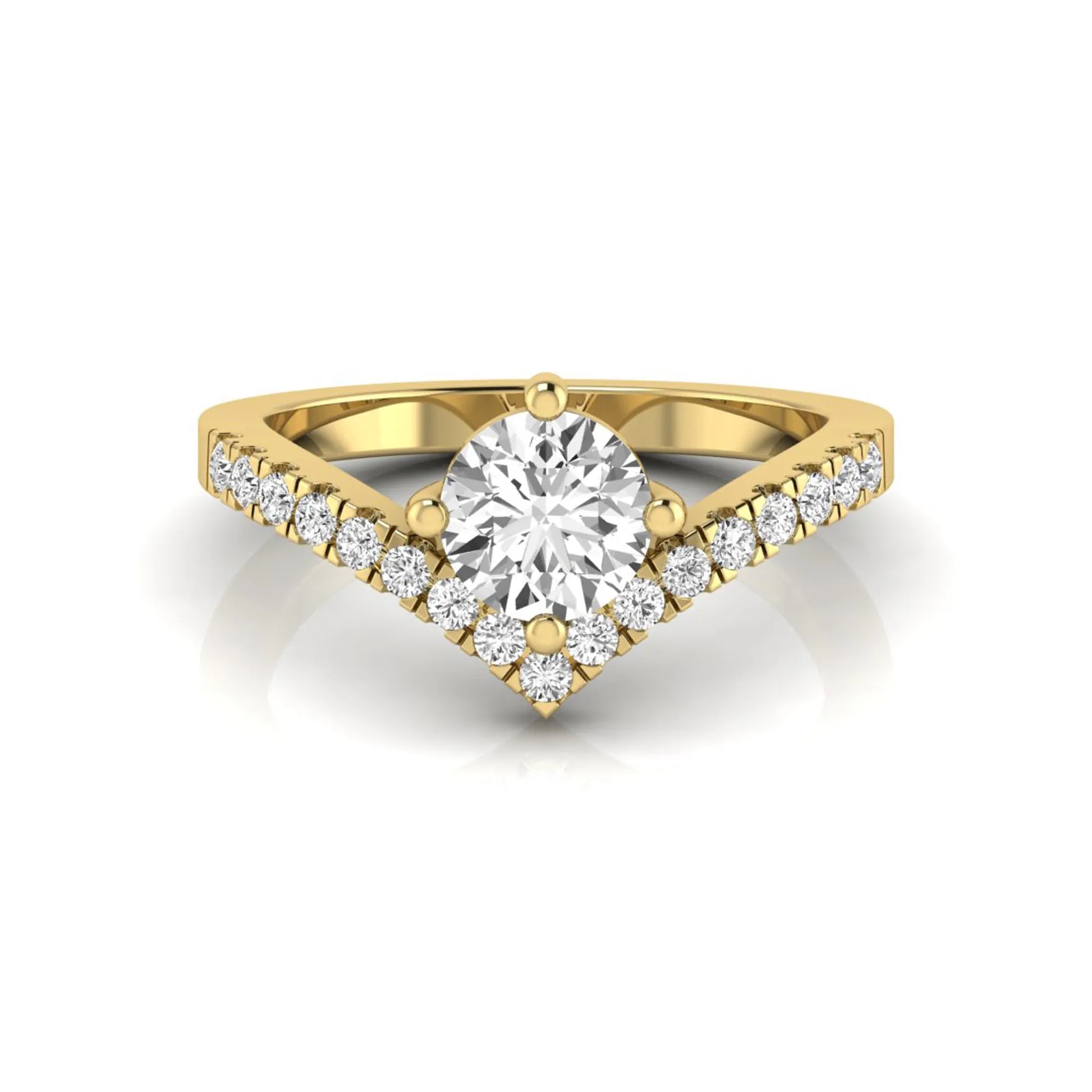 Round cut lab grown diamond engagement ring featuring a four-prong setting with a chevron pavé diamond band in yellow gold tone.