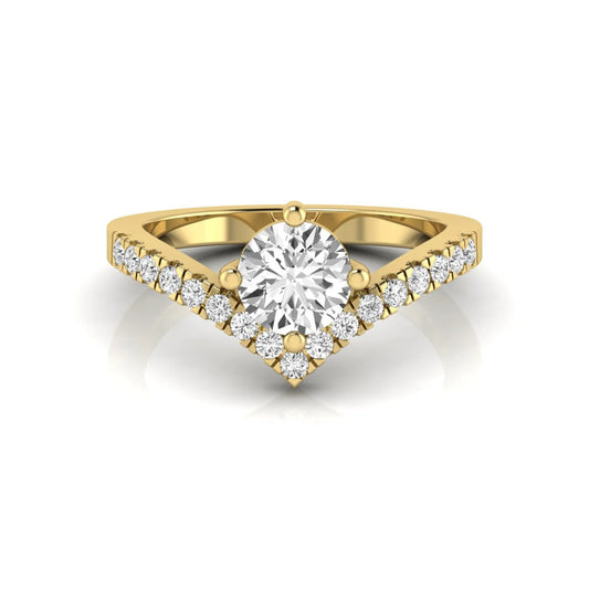 Round cut lab grown diamond engagement ring featuring a four-prong setting with a chevron pavé diamond band in yellow gold tone.