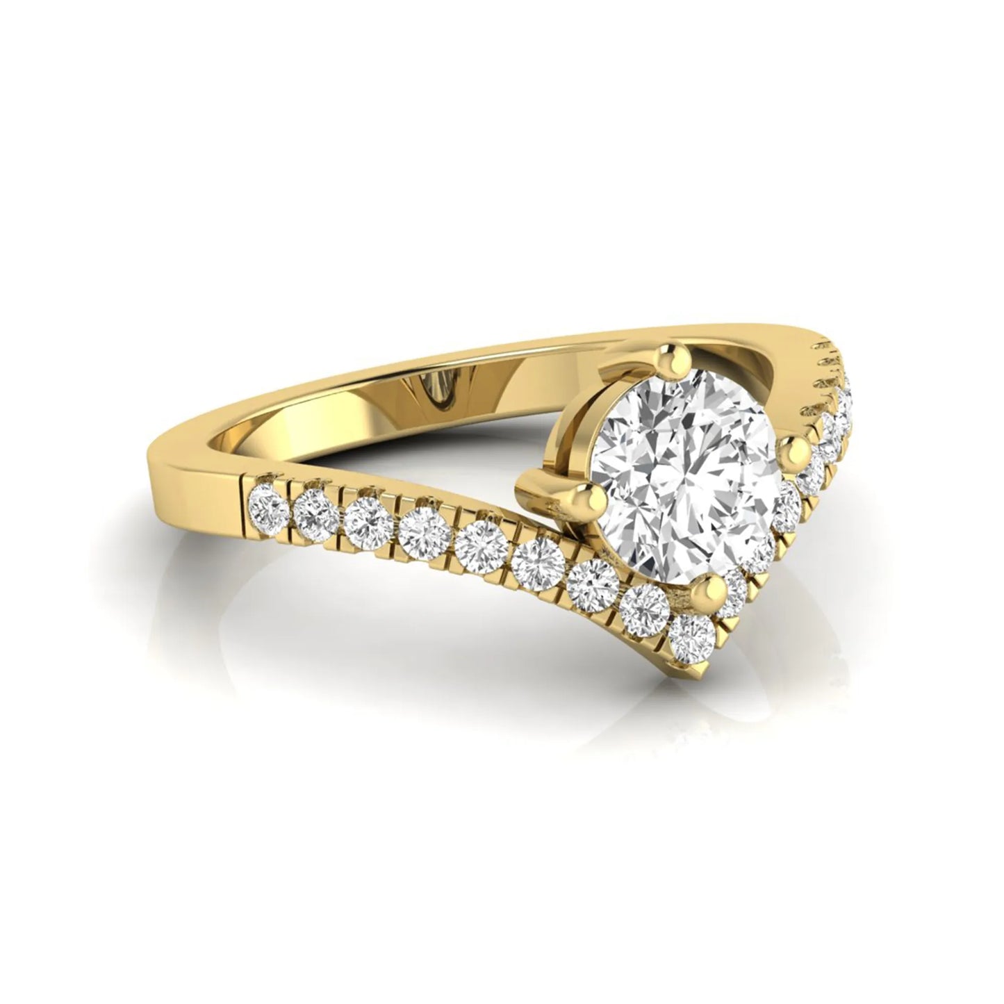 Round cut lab grown diamond engagement ring featuring a four-prong setting with a chevron pavé diamond band in yellow gold tone.