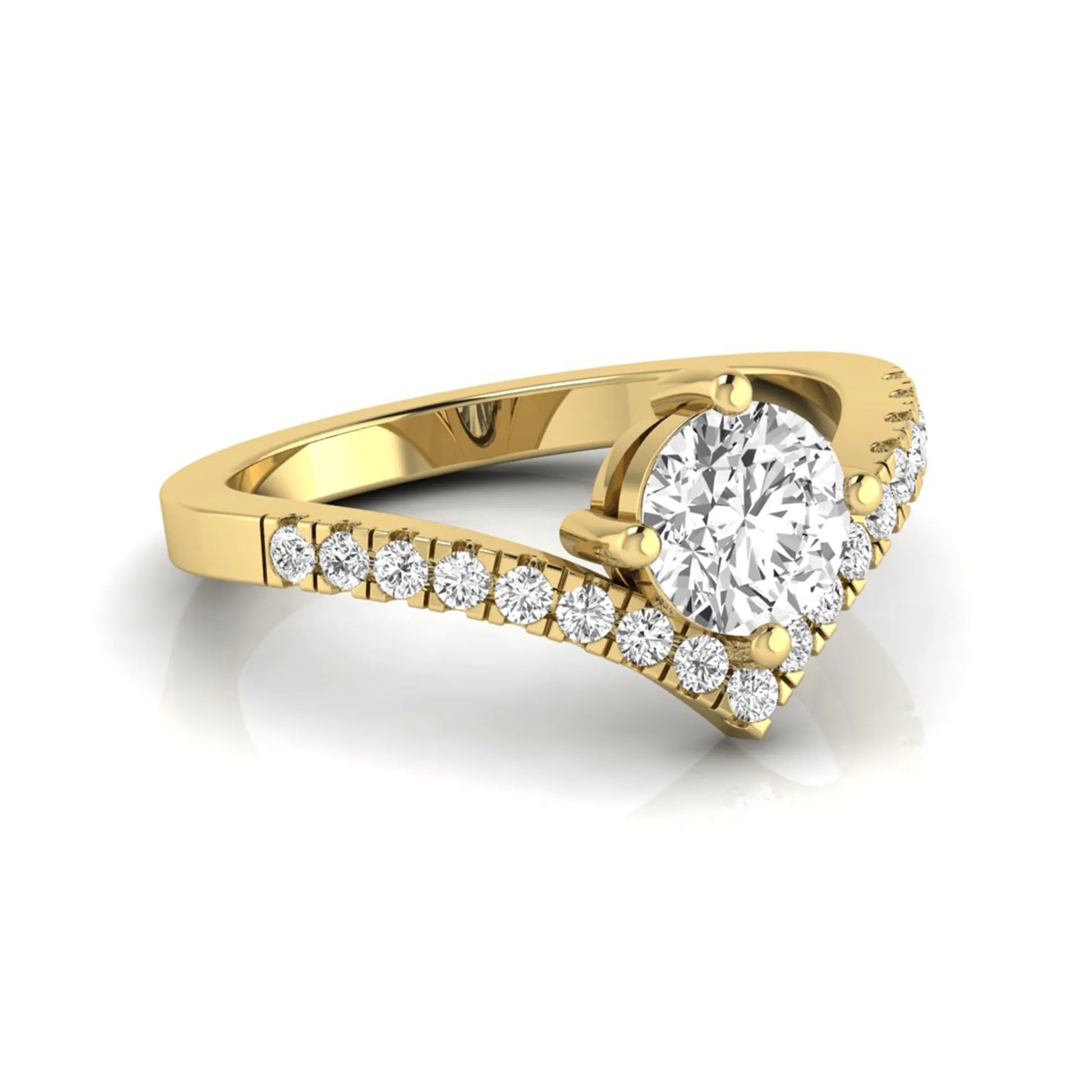 Round cut lab grown diamond engagement ring featuring a four-prong setting with a chevron pavé diamond band in yellow gold tone.