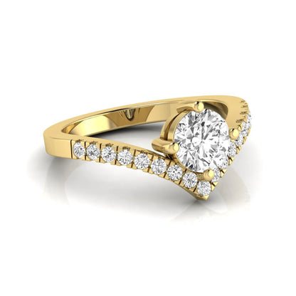 Round cut lab grown diamond engagement ring featuring a four-prong setting with a chevron pavé diamond band in yellow gold tone.