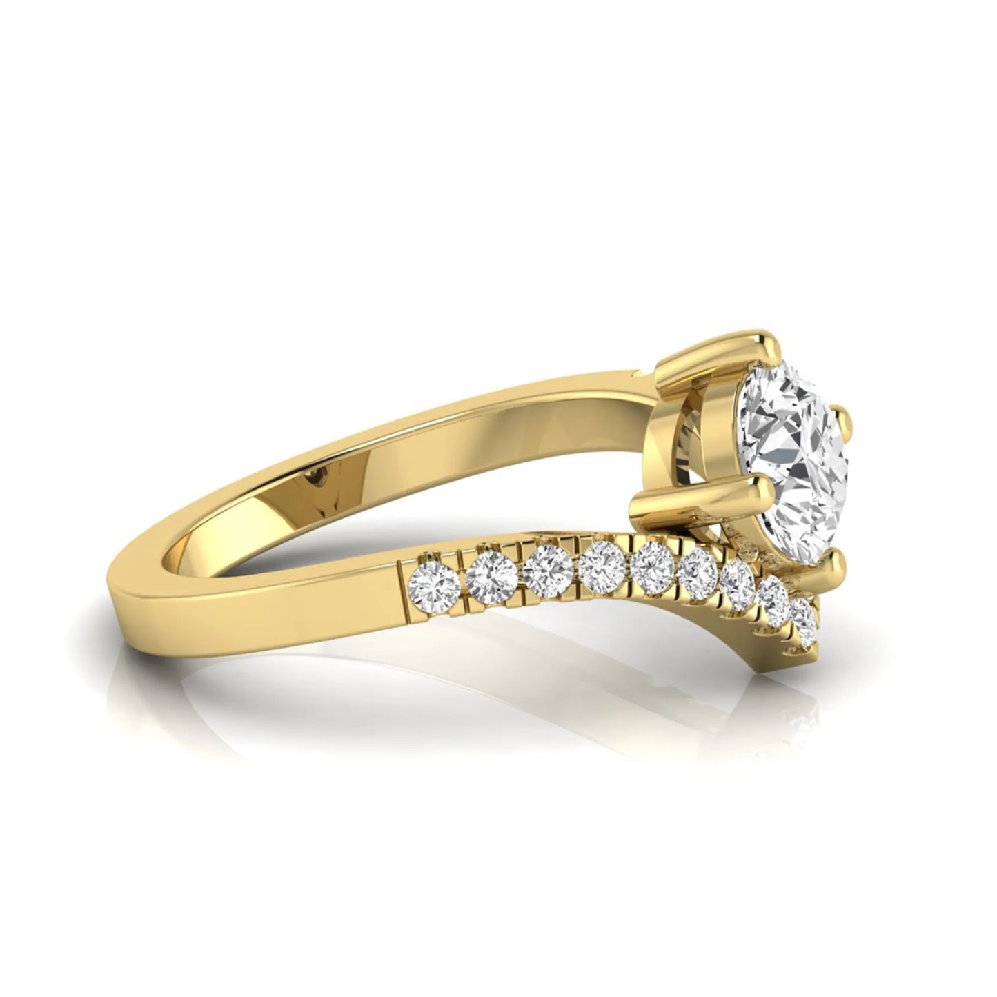 Round cut lab grown diamond engagement ring featuring a four-prong setting with a chevron pavé diamond band in yellow gold tone.