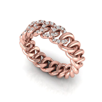 rose gold Round cut lab grown diamond Cuban link eternity ring featuring pavé-set diamonds on interlocking gold links.