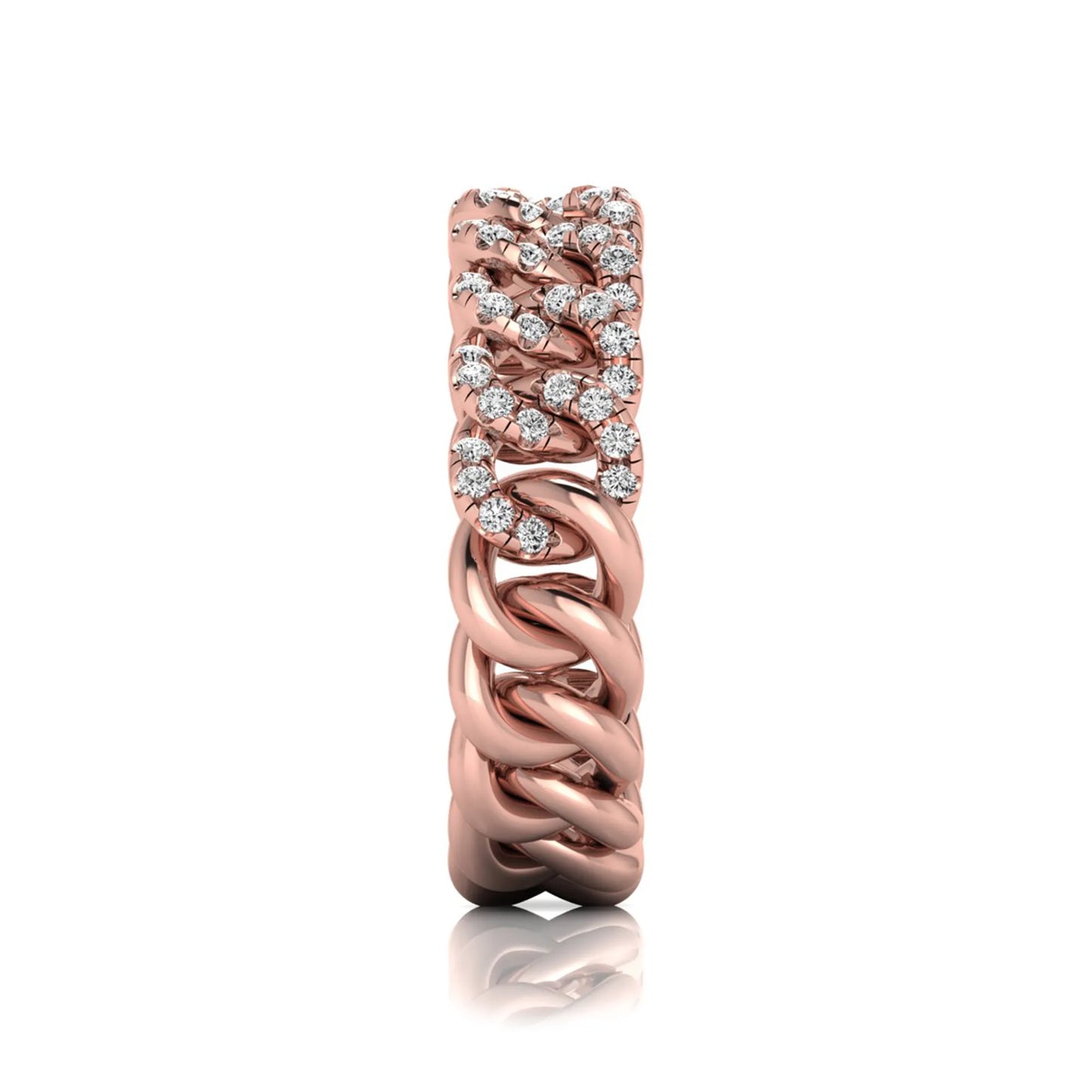 rose gold Round cut lab grown diamond Cuban link eternity ring featuring pavé-set diamonds on interlocking gold links.