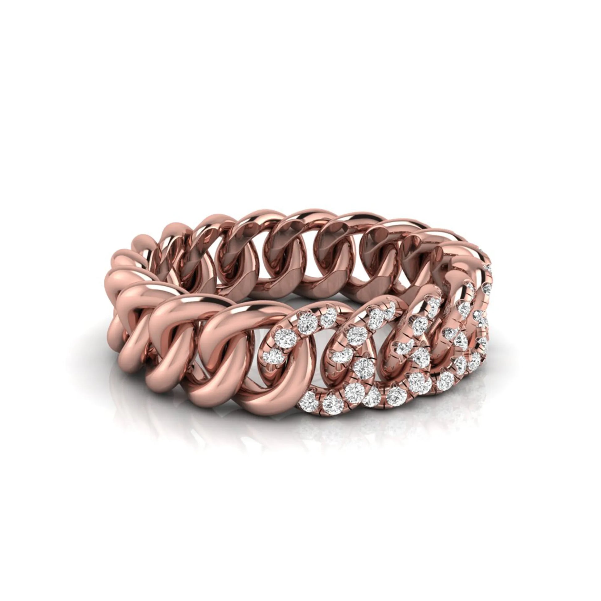 rose gold Round cut lab grown diamond Cuban link eternity ring featuring pavé-set diamonds on interlocking gold links.