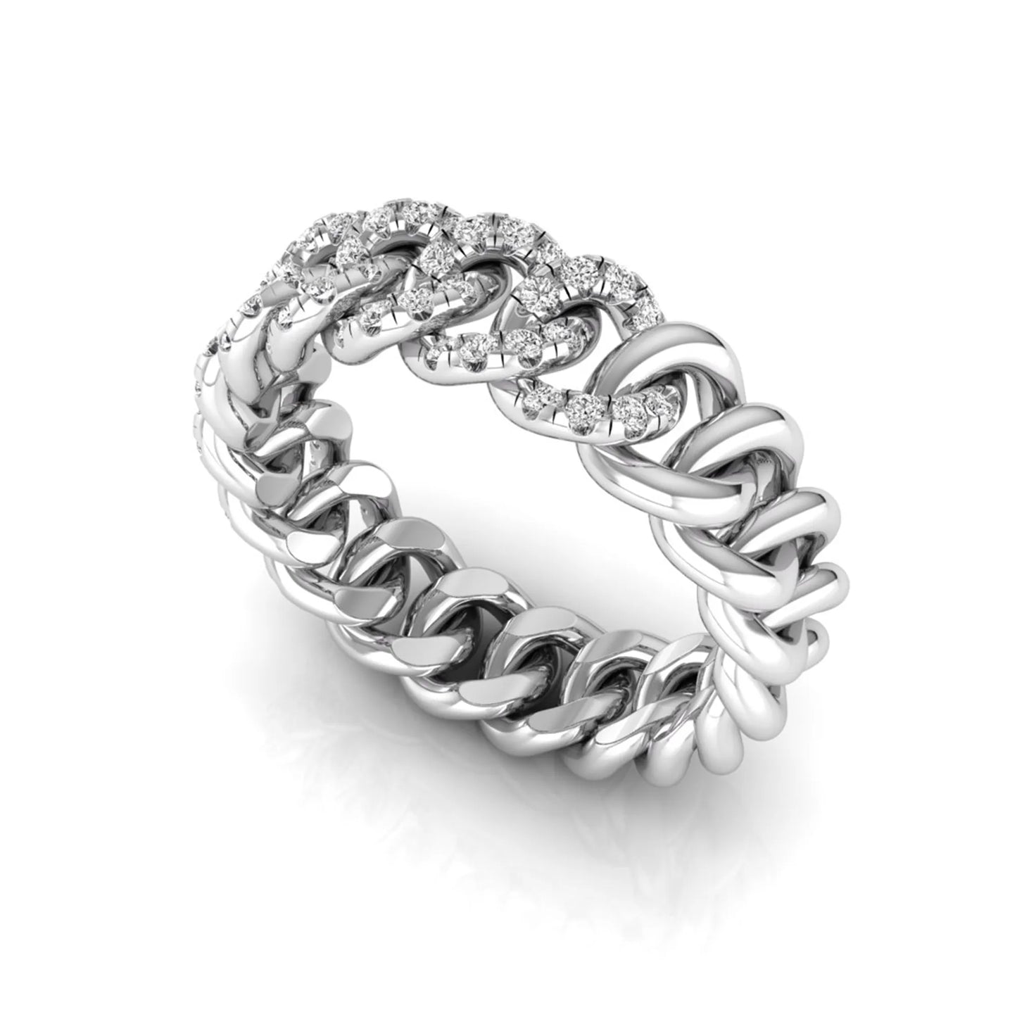 white gold Round cut lab grown diamond Cuban link eternity ring featuring pavé-set diamonds on interlocking gold links.
