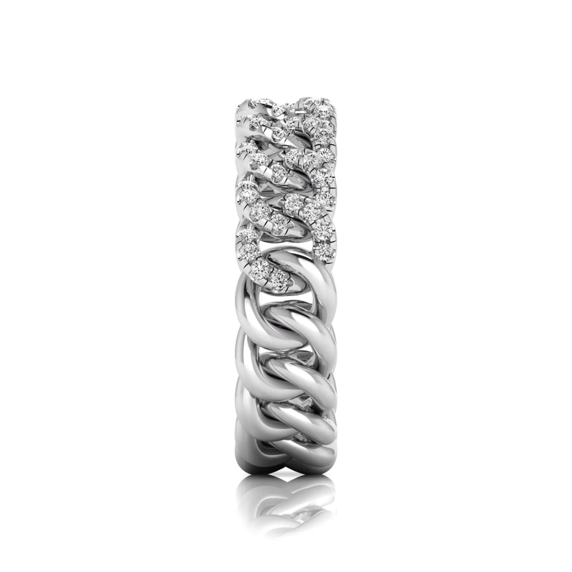 white gold Round cut lab grown diamond Cuban link eternity ring featuring pavé-set diamonds on interlocking gold links.