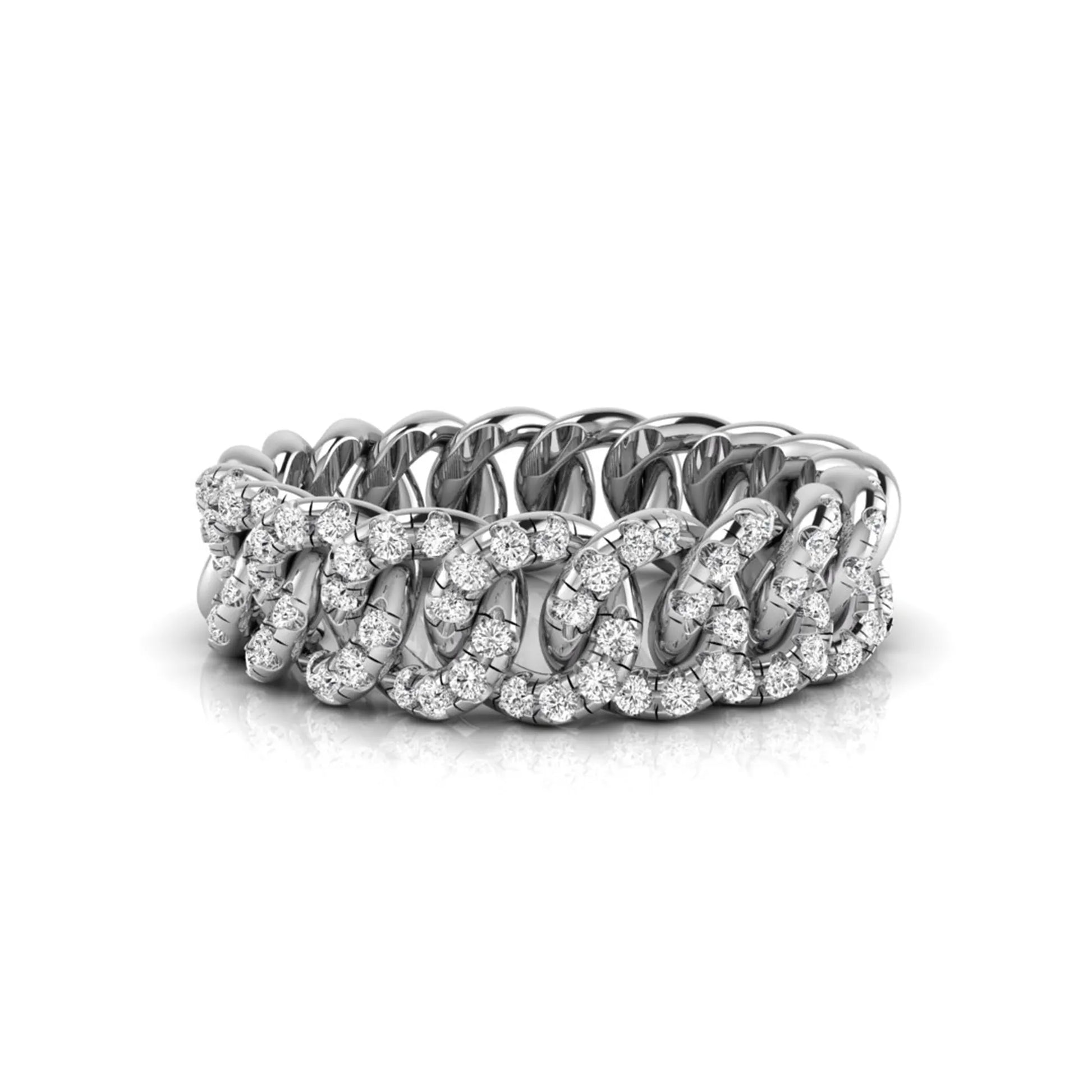 white gold Round cut lab grown diamond Cuban link eternity ring featuring pavé-set diamonds on interlocking gold links.