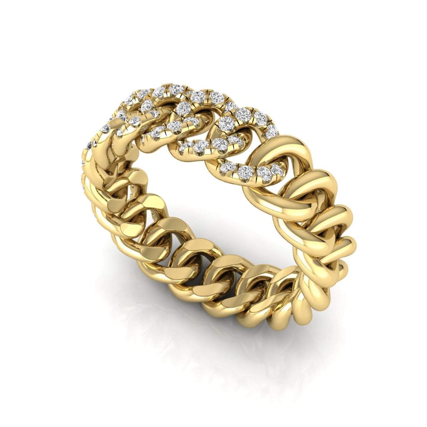 yellow gold Round cut lab grown diamond Cuban link eternity ring featuring pavé-set diamonds on interlocking gold links.