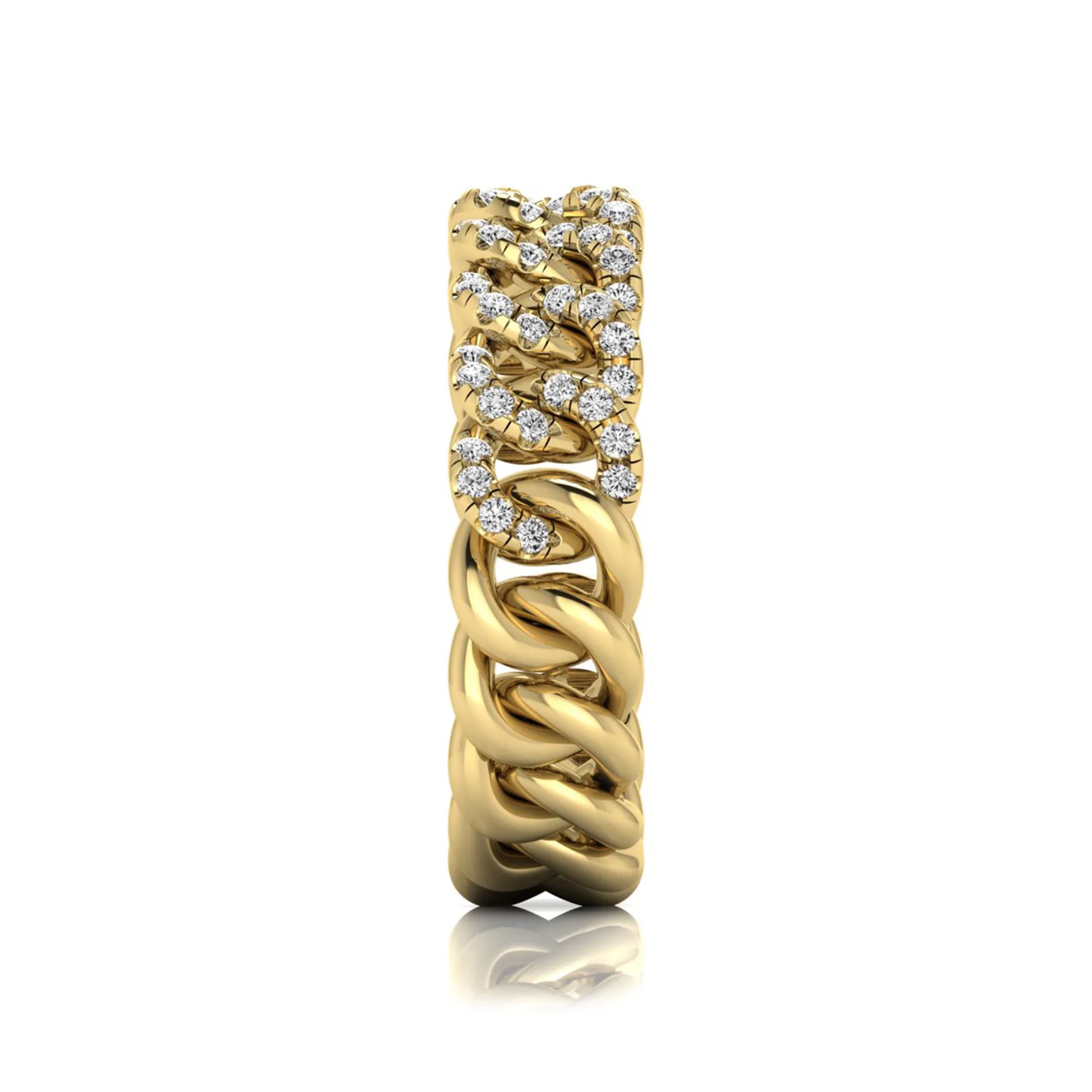 yellow gold Round cut lab grown diamond Cuban link eternity ring featuring pavé-set diamonds on interlocking gold links.