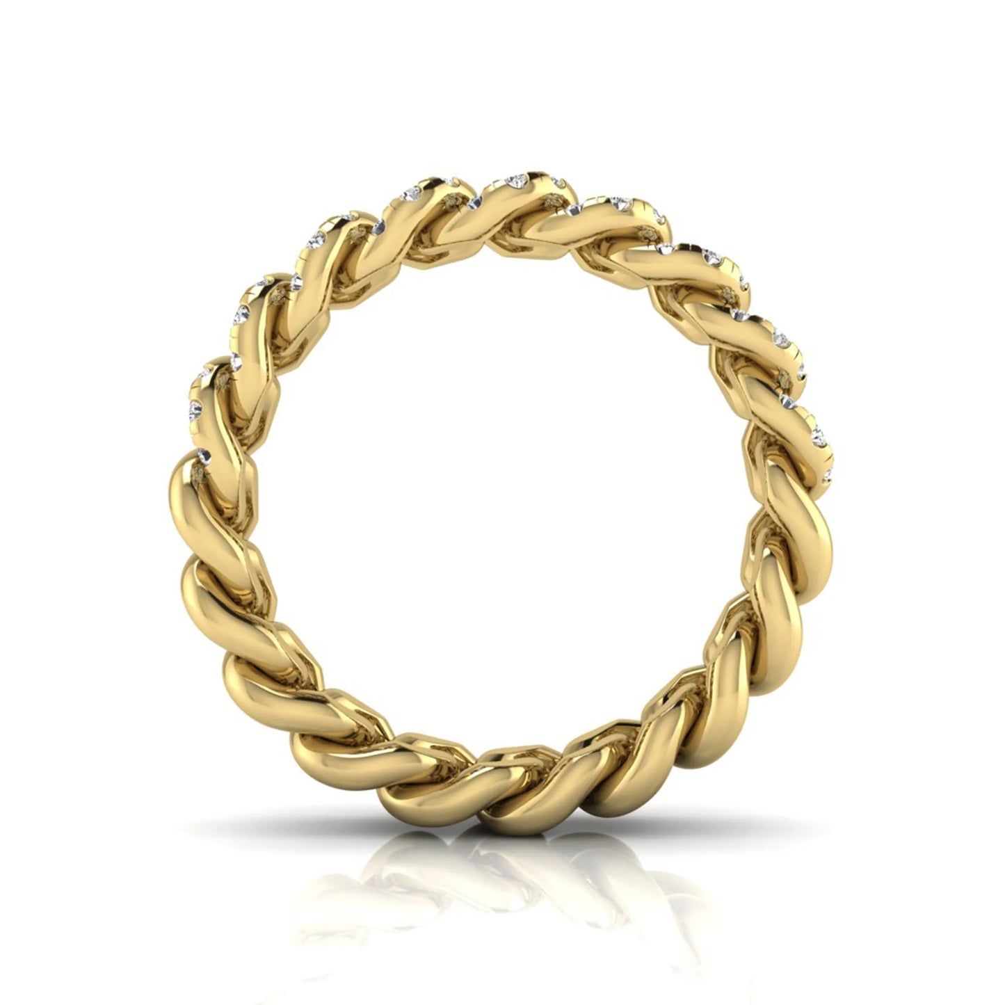 yellow gold Round cut lab grown diamond Cuban link eternity ring featuring pavé-set diamonds on interlocking gold links.