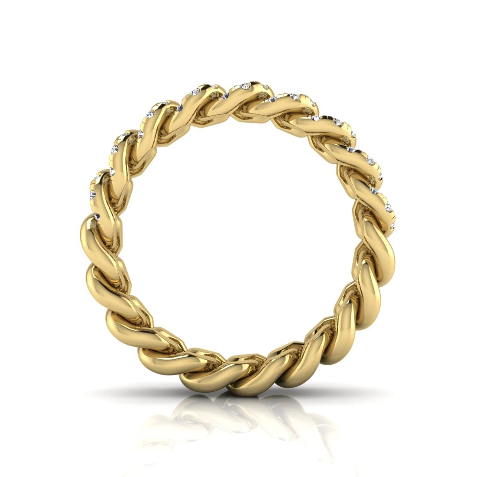 yellow gold Round cut lab grown diamond Cuban link eternity ring featuring pavé-set diamonds on interlocking gold links.
