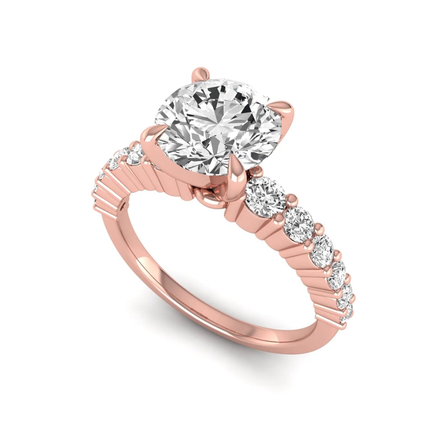 IGI Certified 2.04 carat round cut lab grown diamond engagement ring with round side stone band in rose gold.