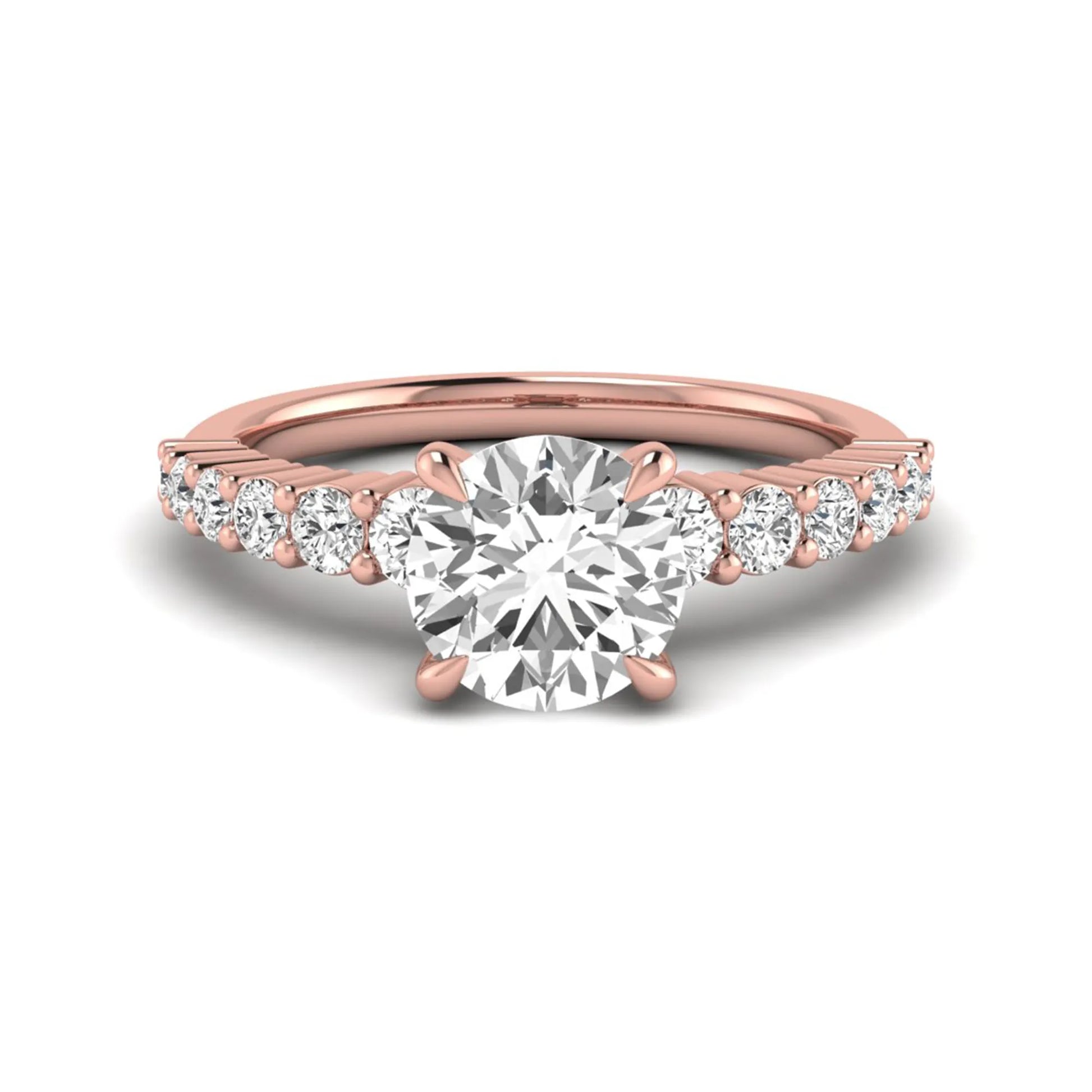 IGI Certified 2.04 carat round cut lab grown diamond engagement ring with round side stone band in rose gold.