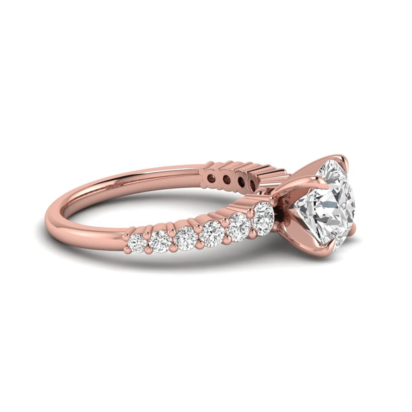IGI Certified 2.04 carat round cut lab grown diamond engagement ring with round side stone band in rose gold.
