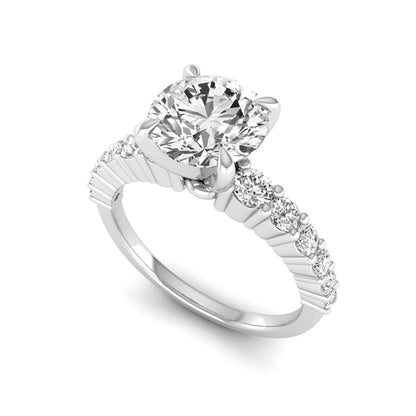 IGI Certified 2.04 carat round cut lab grown diamond engagement ring with round side stone band in white gold.
