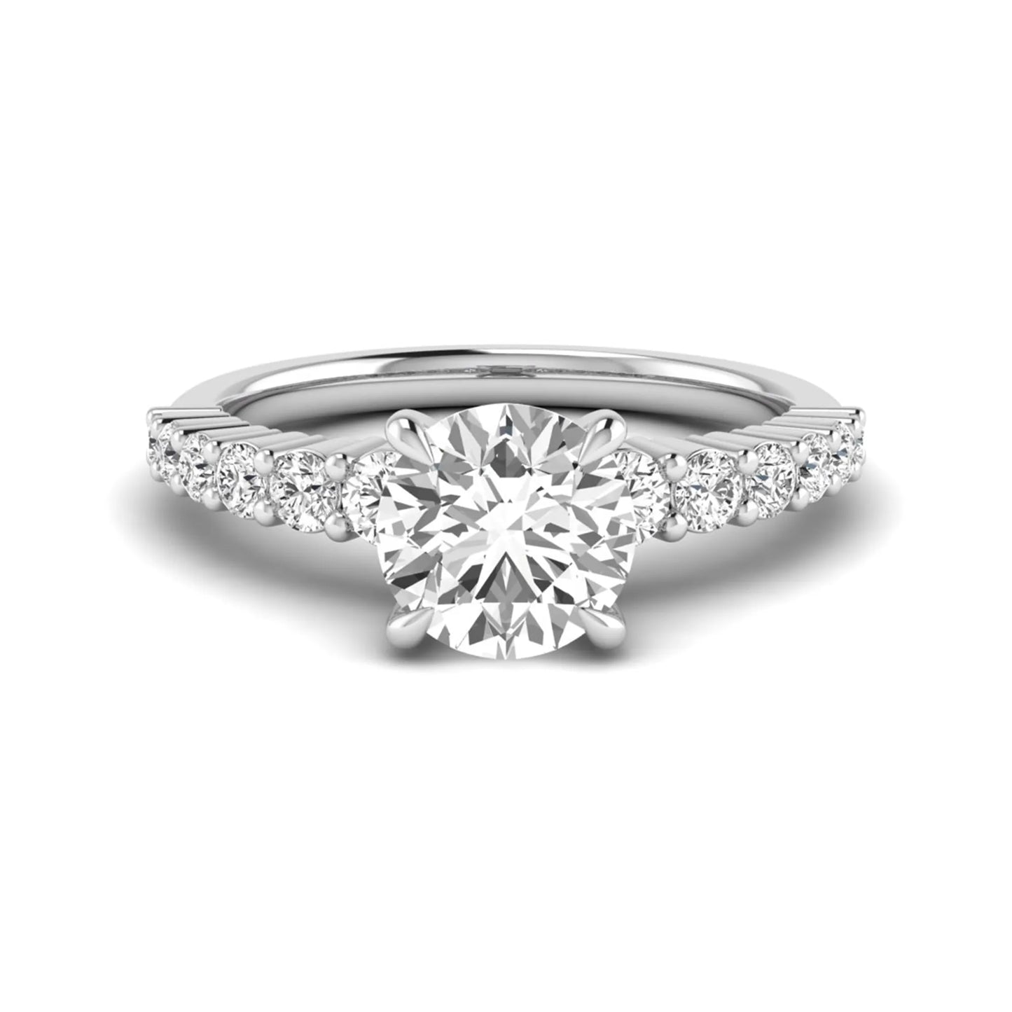IGI Certified 2.04 carat round cut lab grown diamond engagement ring with round side stone band in white gold.