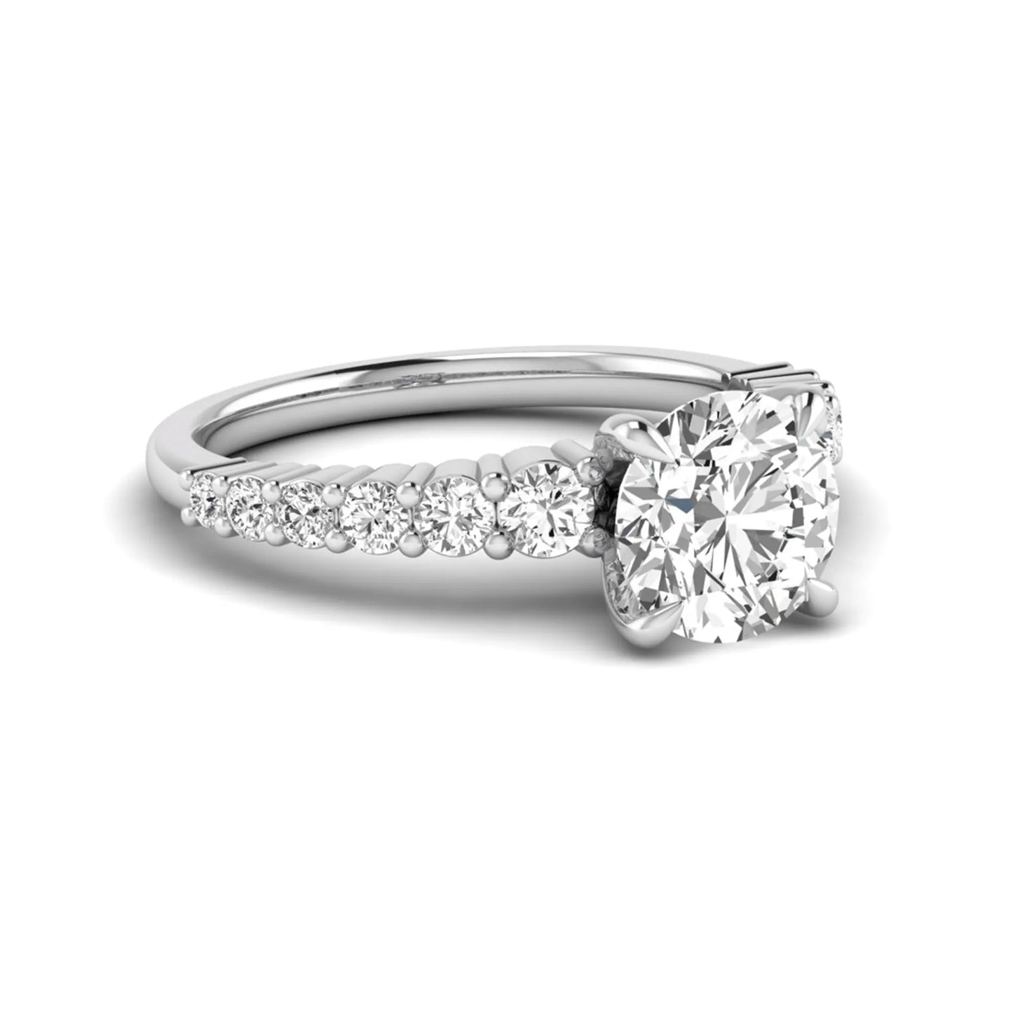 IGI Certified 2.04 carat round cut lab grown diamond engagement ring with round side stone band in white gold.