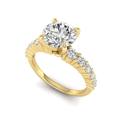 IGI Certified 2.04 carat round cut lab grown diamond engagement ring with round side stone band in yellow gold.