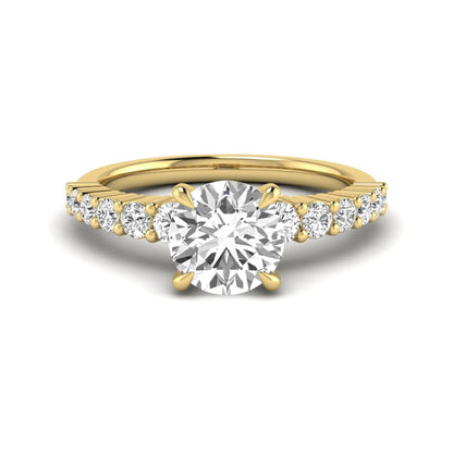IGI Certified 2.04 carat round cut lab grown diamond engagement ring with round side stone band in yellow gold.
