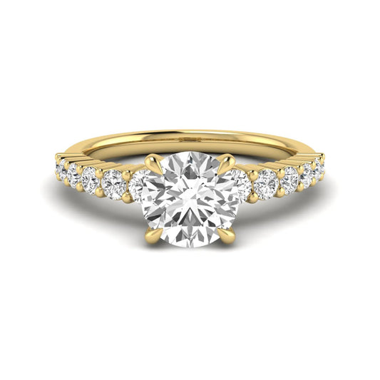 IGI Certified 2.04 carat round cut lab grown diamond engagement ring with round side stone band in yellow gold.