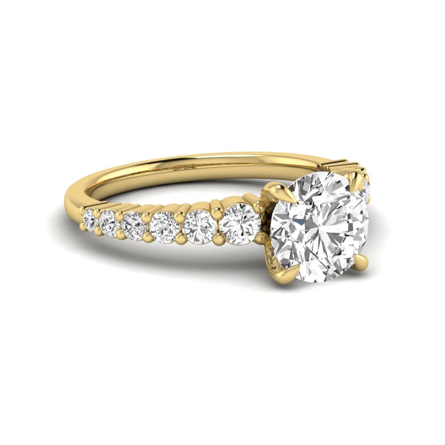 IGI Certified 2.04 carat round cut lab grown diamond engagement ring with round side stone band in yellow gold.