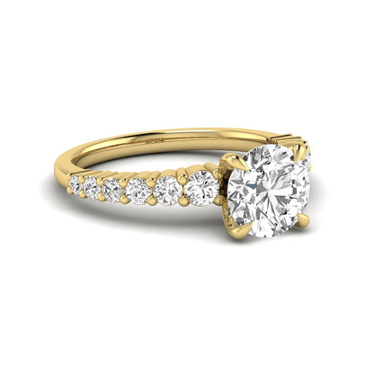 IGI Certified 2.04 carat round cut lab grown diamond engagement ring with round side stone band in yellow gold.
