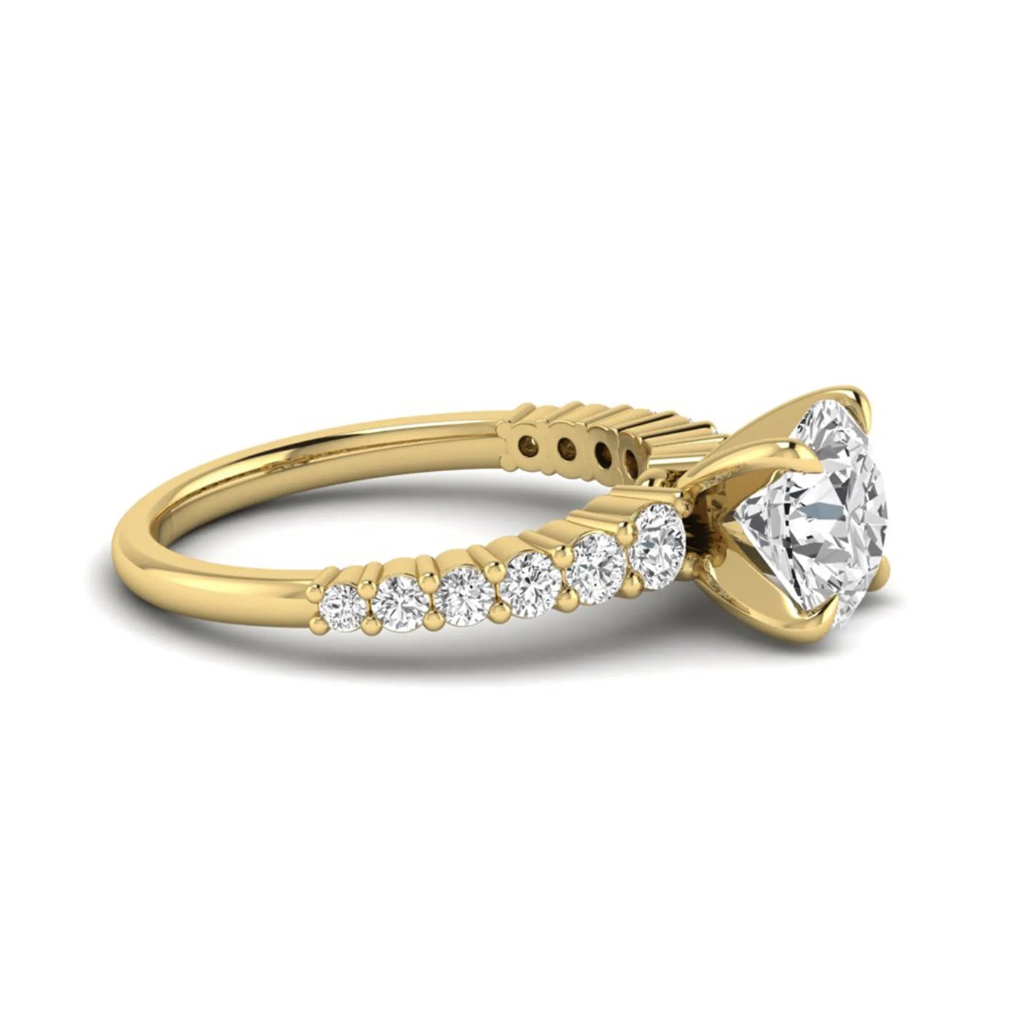 IGI Certified 2.04 carat round cut lab grown diamond engagement ring with round side stone band in yellow gold.
