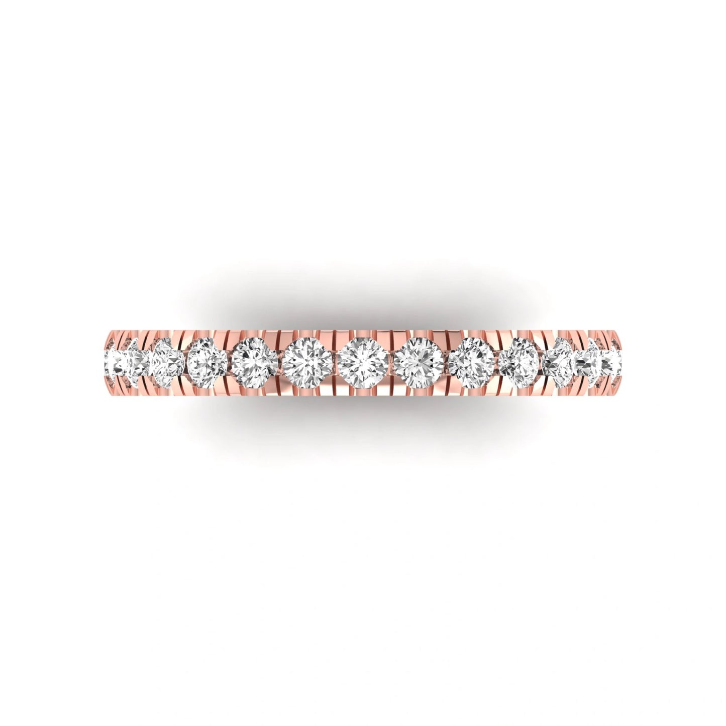 Round cut lab grown diamond full eternity band in rose gold featuring shared prong set diamonds around the entire band.