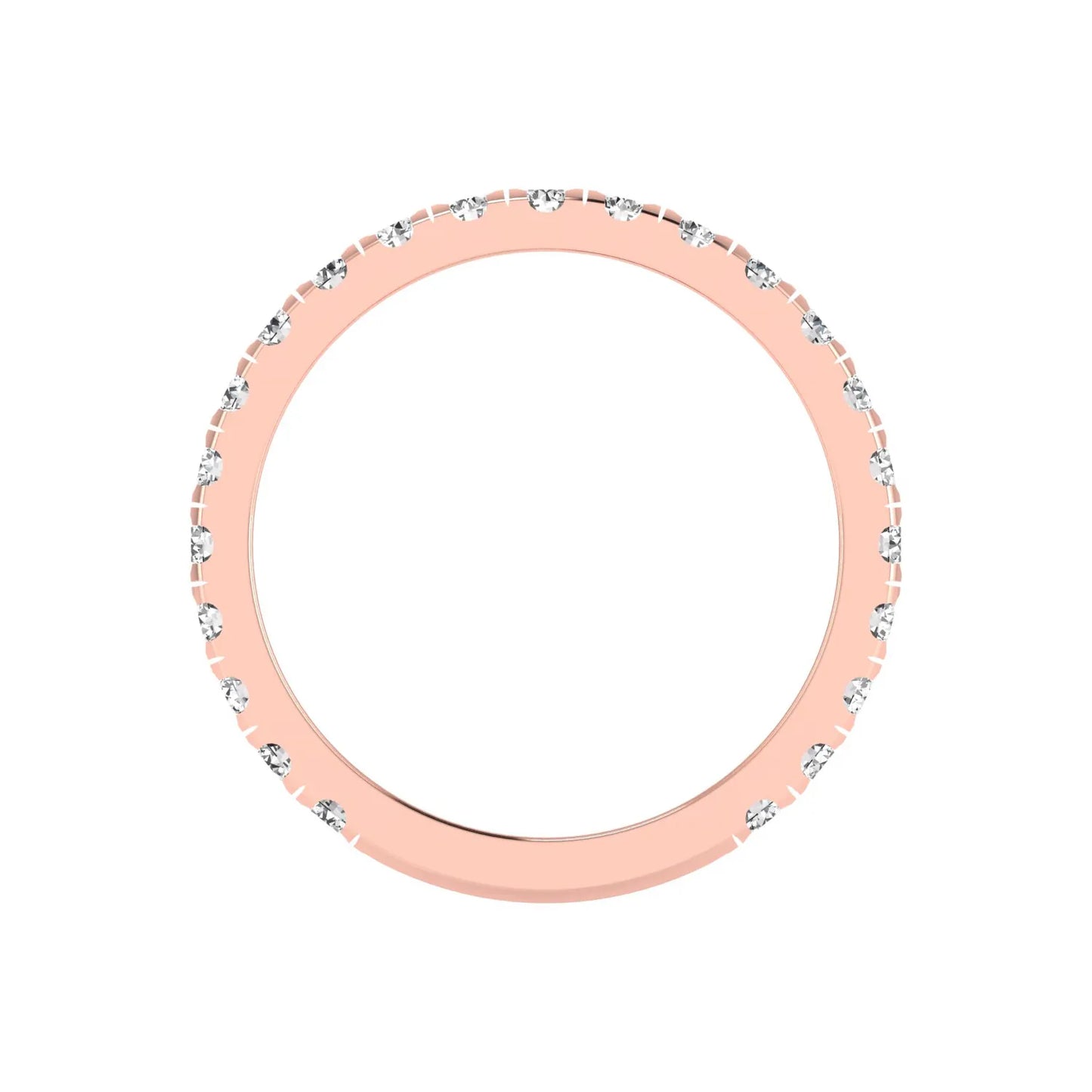 Round cut lab grown diamond full eternity band in rose gold featuring shared prong set diamonds around the entire band.