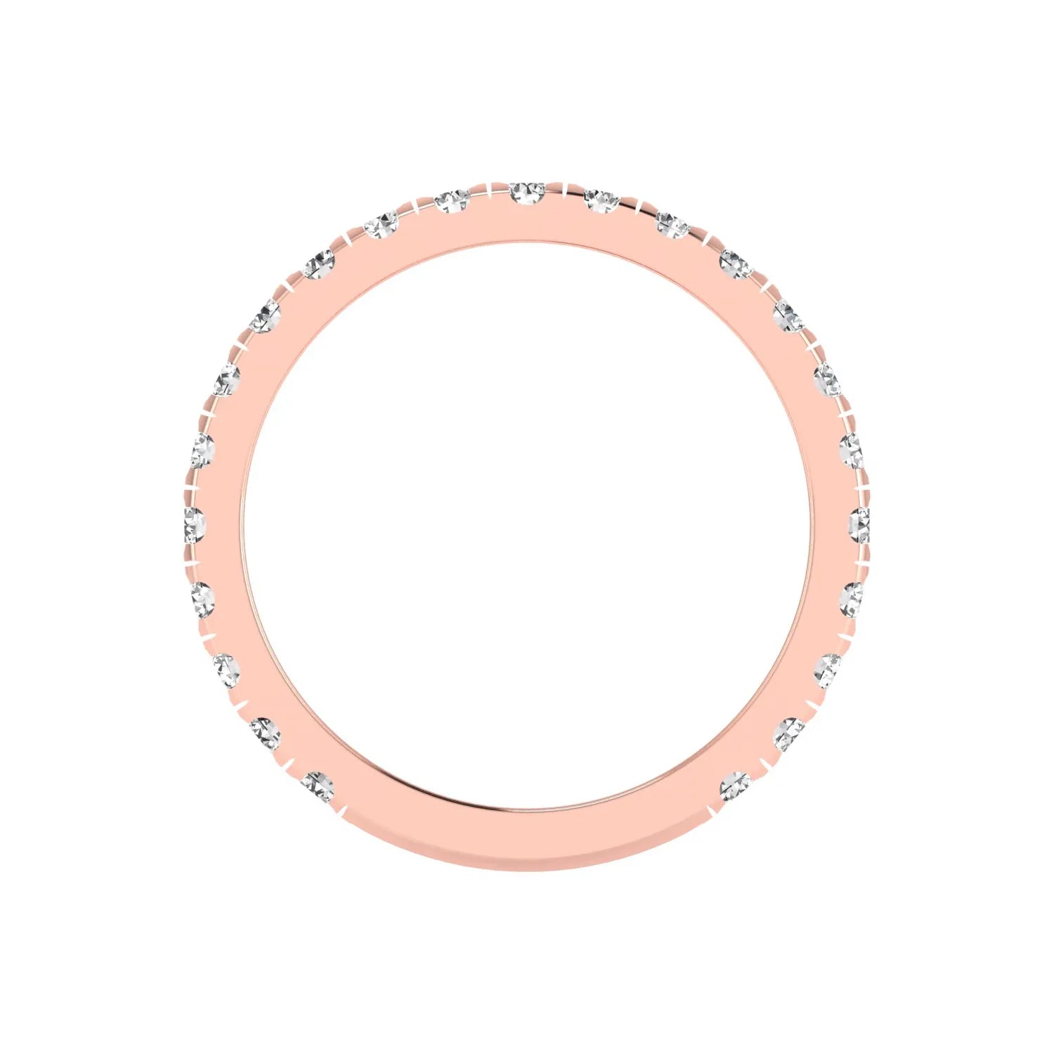 Round cut lab grown diamond full eternity band in rose gold featuring shared prong set diamonds around the entire band.