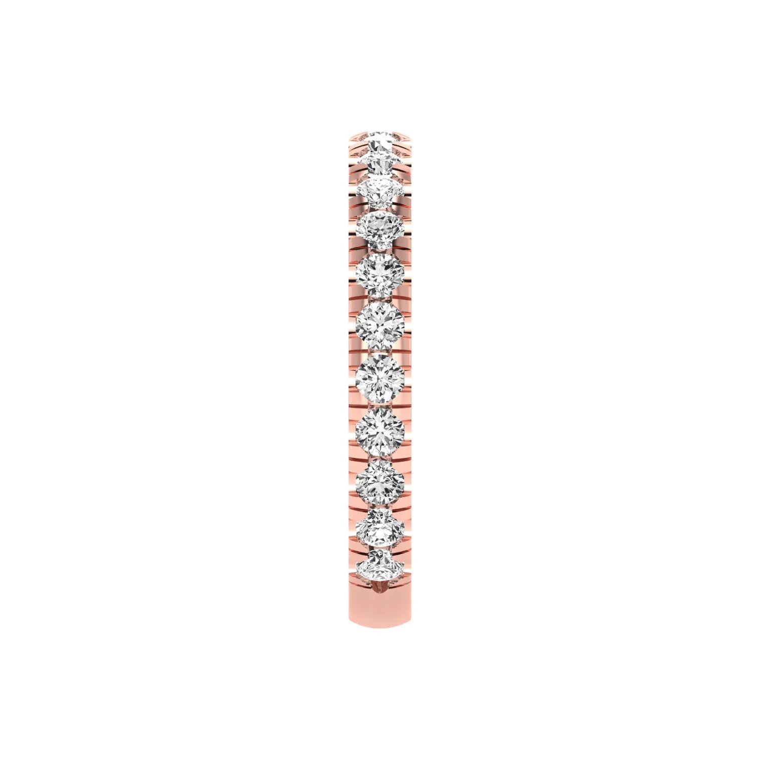 Round cut lab grown diamond full eternity band in rose gold featuring shared prong set diamonds around the entire band.