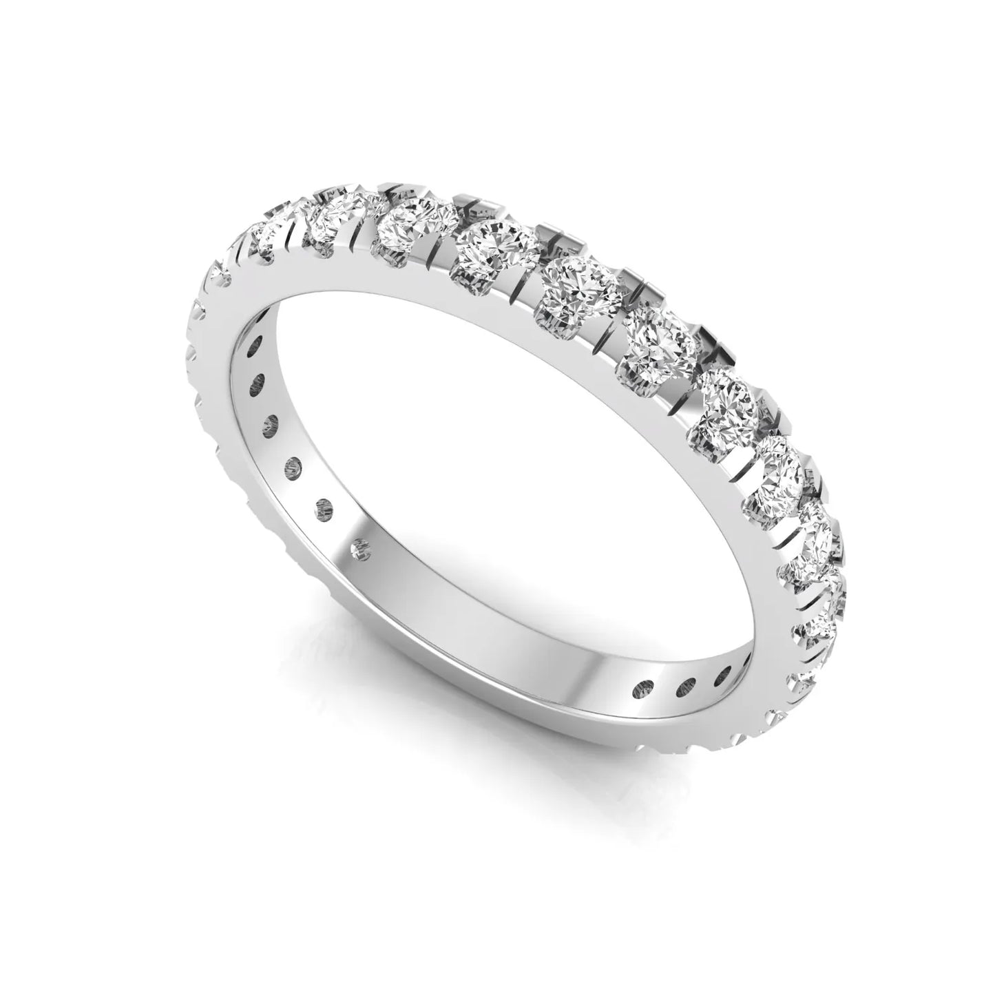 Round cut lab grown diamond full eternity band in white gold featuring shared prong set diamonds around the entire band.
