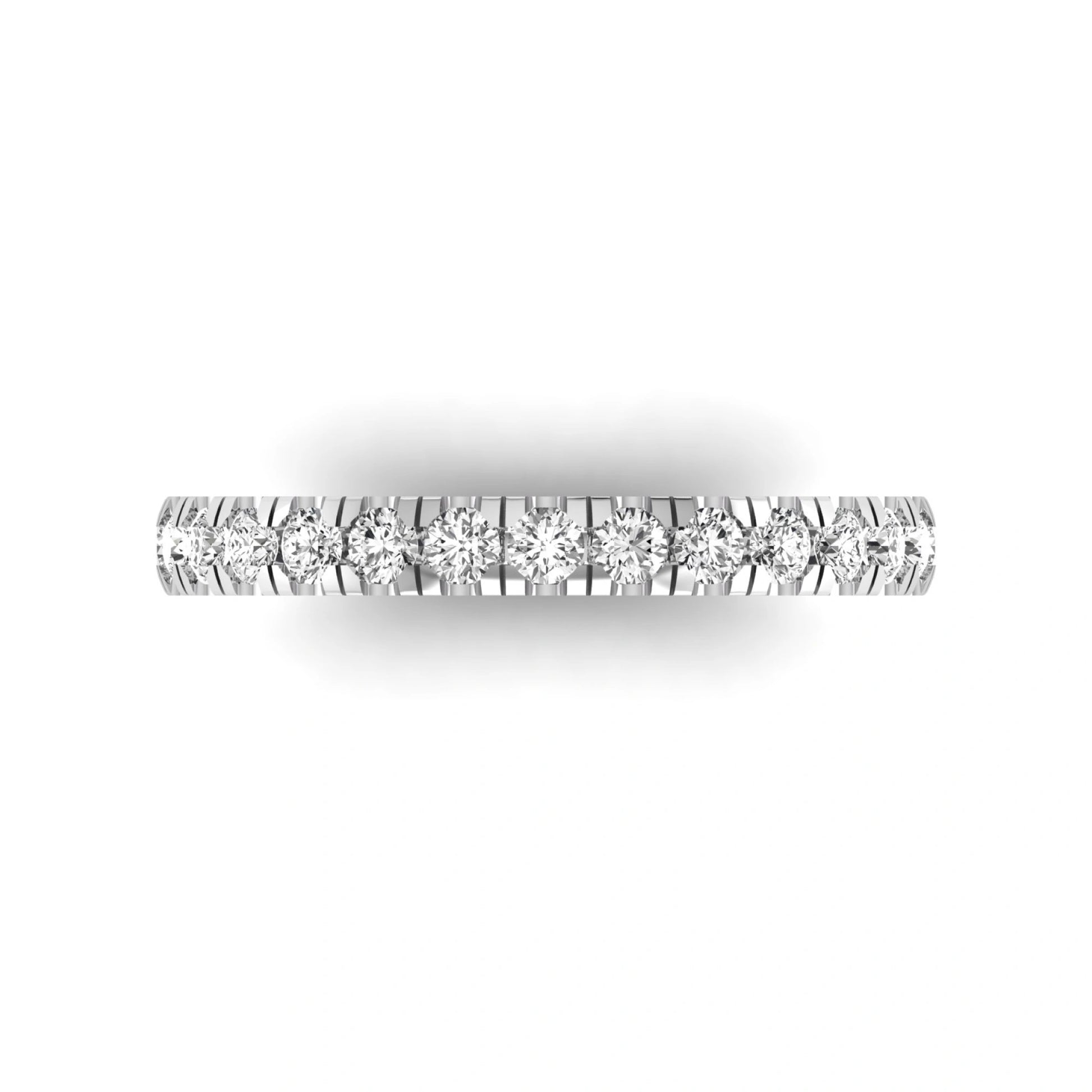 Round cut lab grown diamond full eternity band in white gold featuring shared prong set diamonds around the entire band.