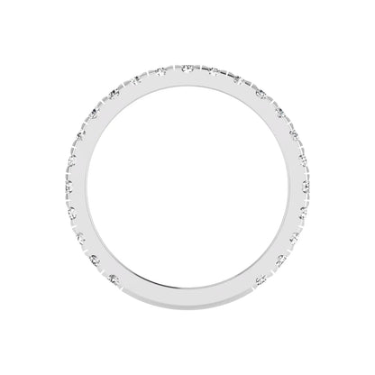 Round cut lab grown diamond full eternity band in white gold featuring shared prong set diamonds around the entire band.
