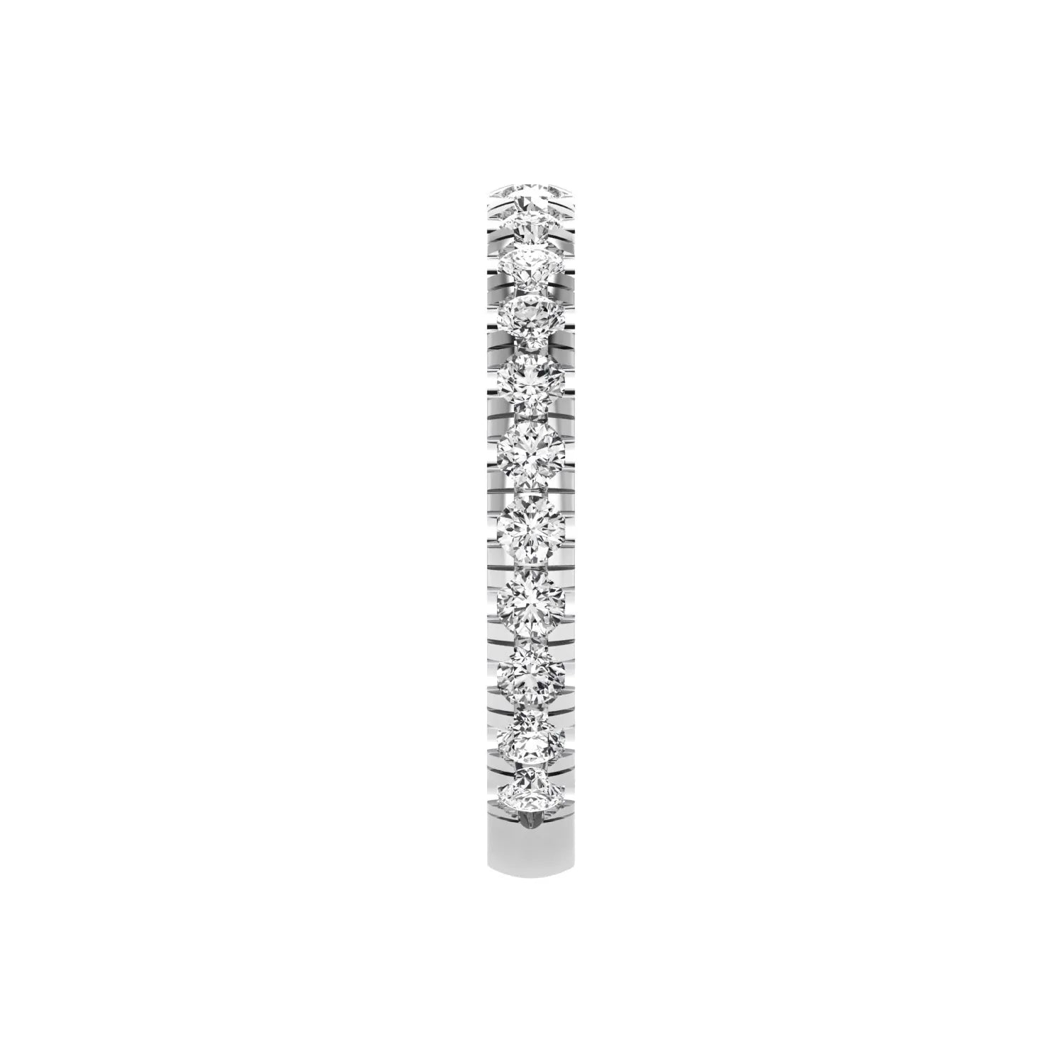 Round cut lab grown diamond full eternity band in white gold featuring shared prong set diamonds around the entire band.