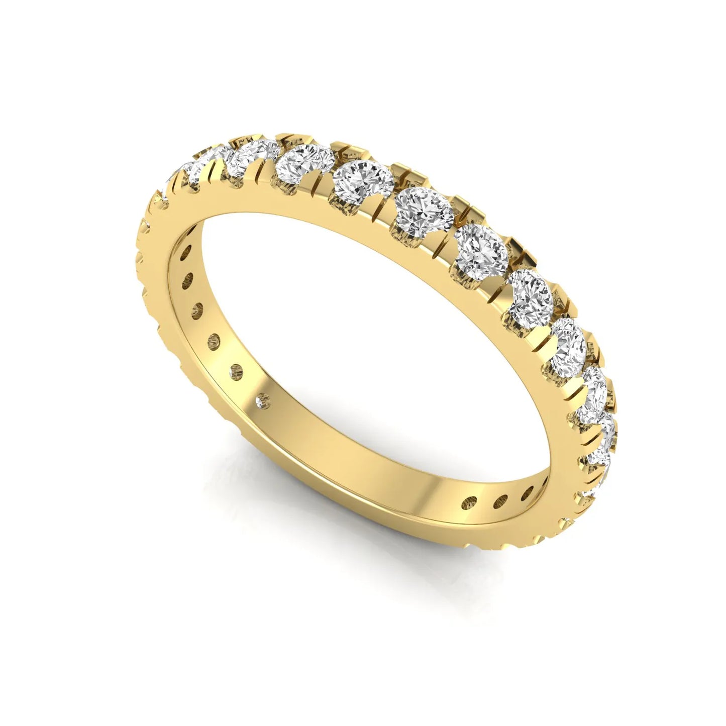 Round cut lab grown diamond full eternity band in yellow gold featuring shared prong set diamonds around the entire band.