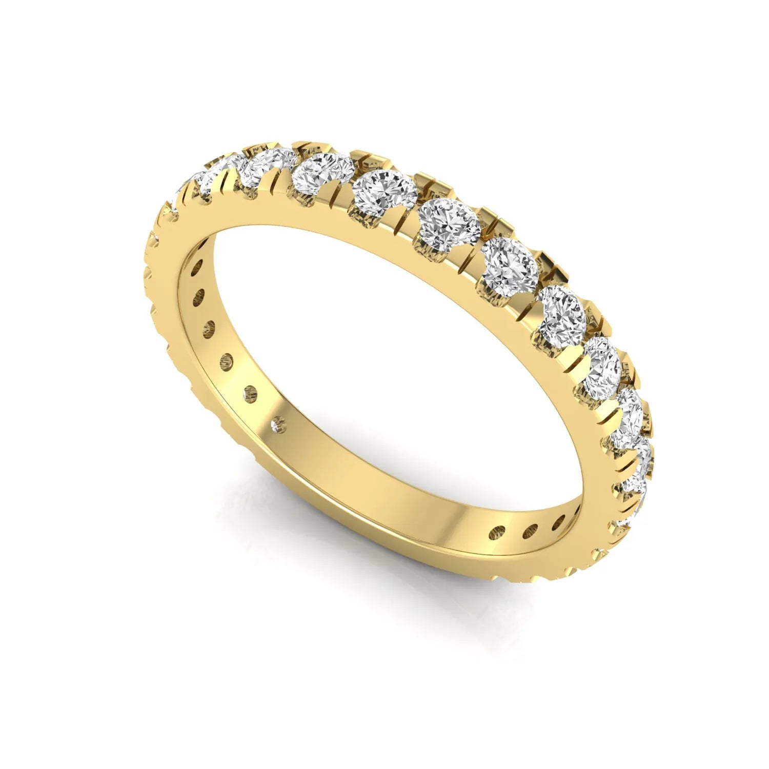Round cut lab grown diamond full eternity band in yellow gold featuring shared prong set diamonds around the entire band.