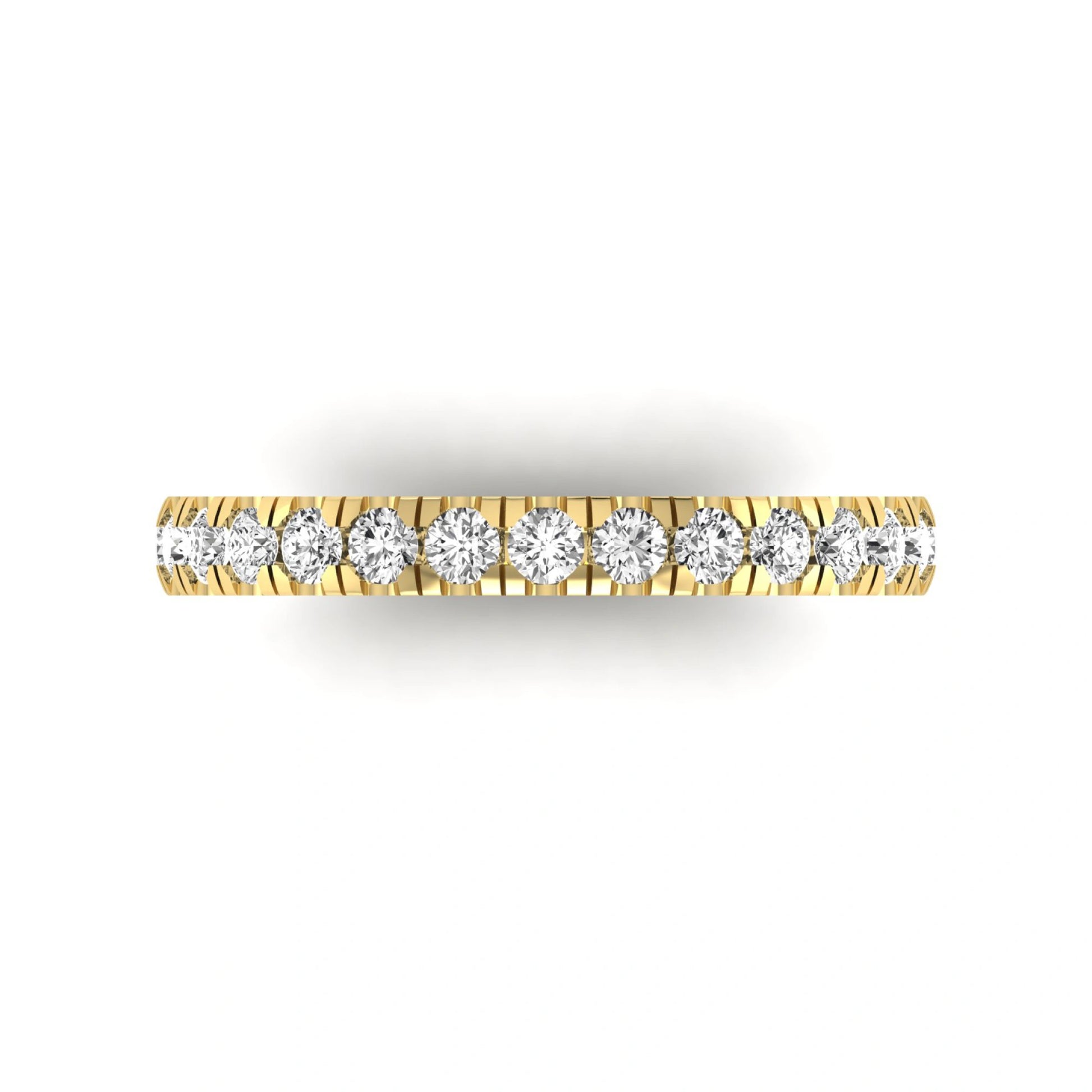 Round cut lab grown diamond full eternity band in yellow gold featuring shared prong set diamonds around the entire band.