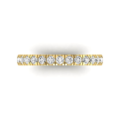 Round cut lab grown diamond full eternity band in yellow gold featuring shared prong set diamonds around the entire band.