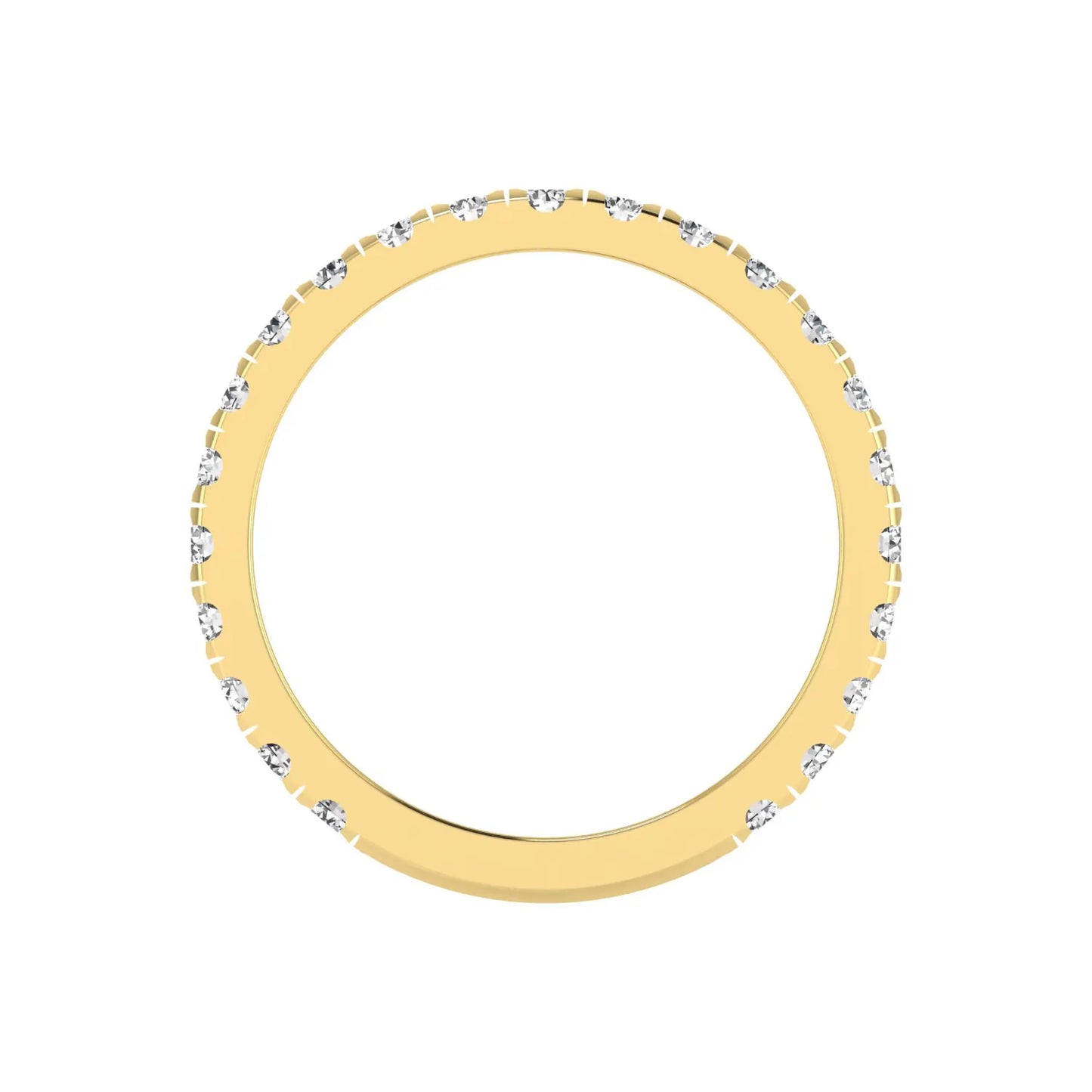 Round cut lab grown diamond full eternity band in yellow gold featuring shared prong set diamonds around the entire band.