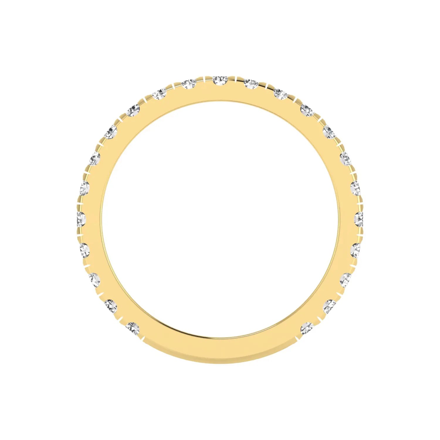 Round cut lab grown diamond full eternity band in yellow gold featuring shared prong set diamonds around the entire band.