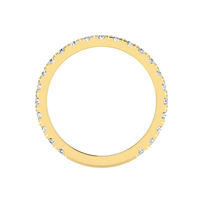 Round cut lab grown diamond full eternity band in yellow gold featuring shared prong set diamonds around the entire band.