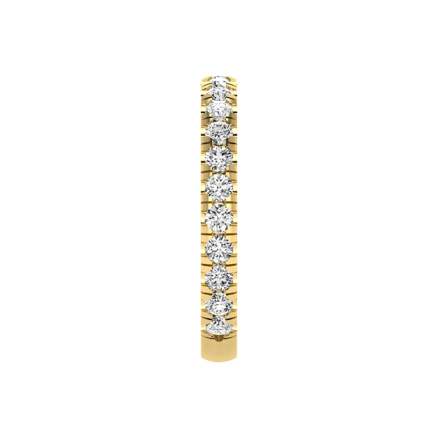 Round cut lab grown diamond full eternity band in yellow gold featuring shared prong set diamonds around the entire band.