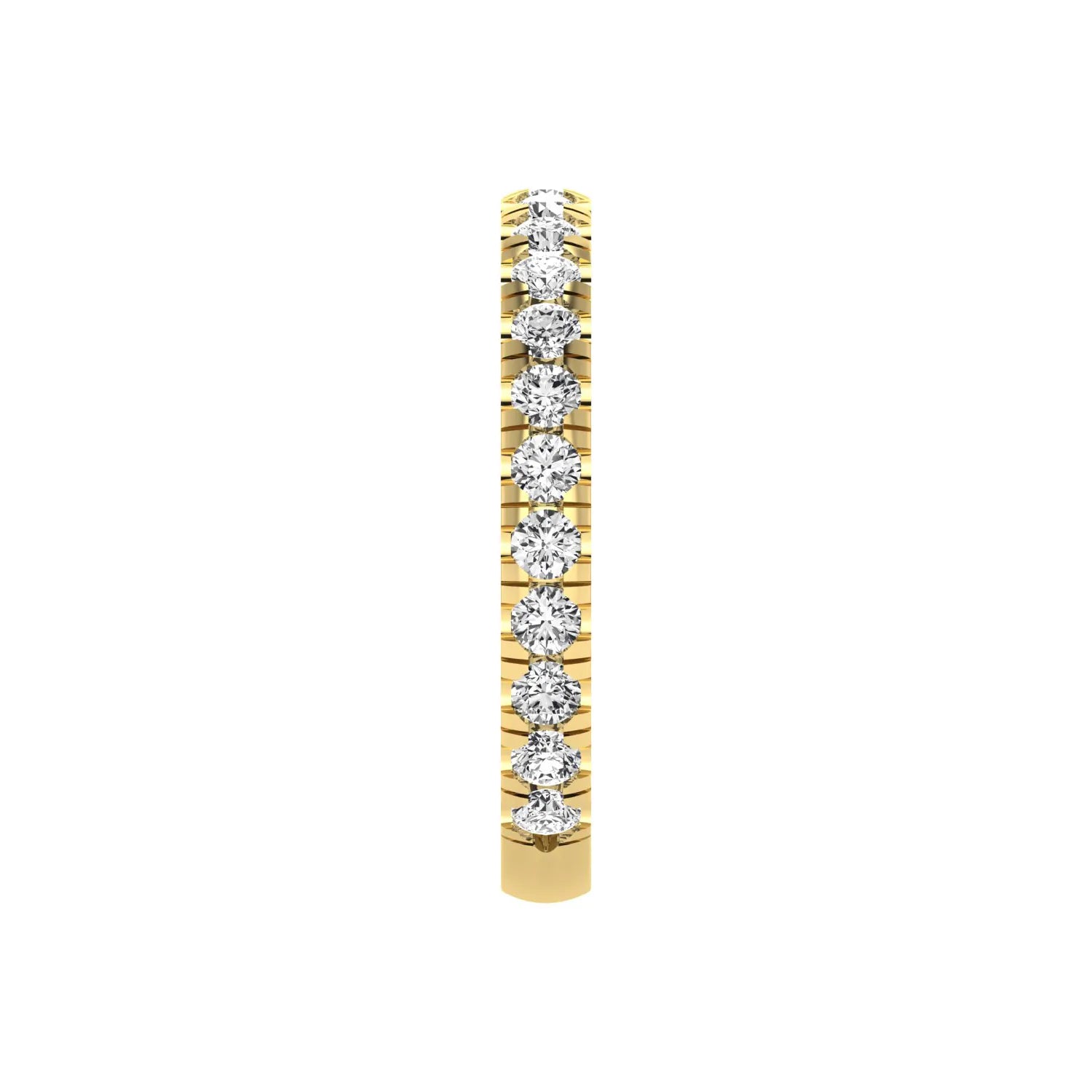 Round cut lab grown diamond full eternity band in yellow gold featuring shared prong set diamonds around the entire band.