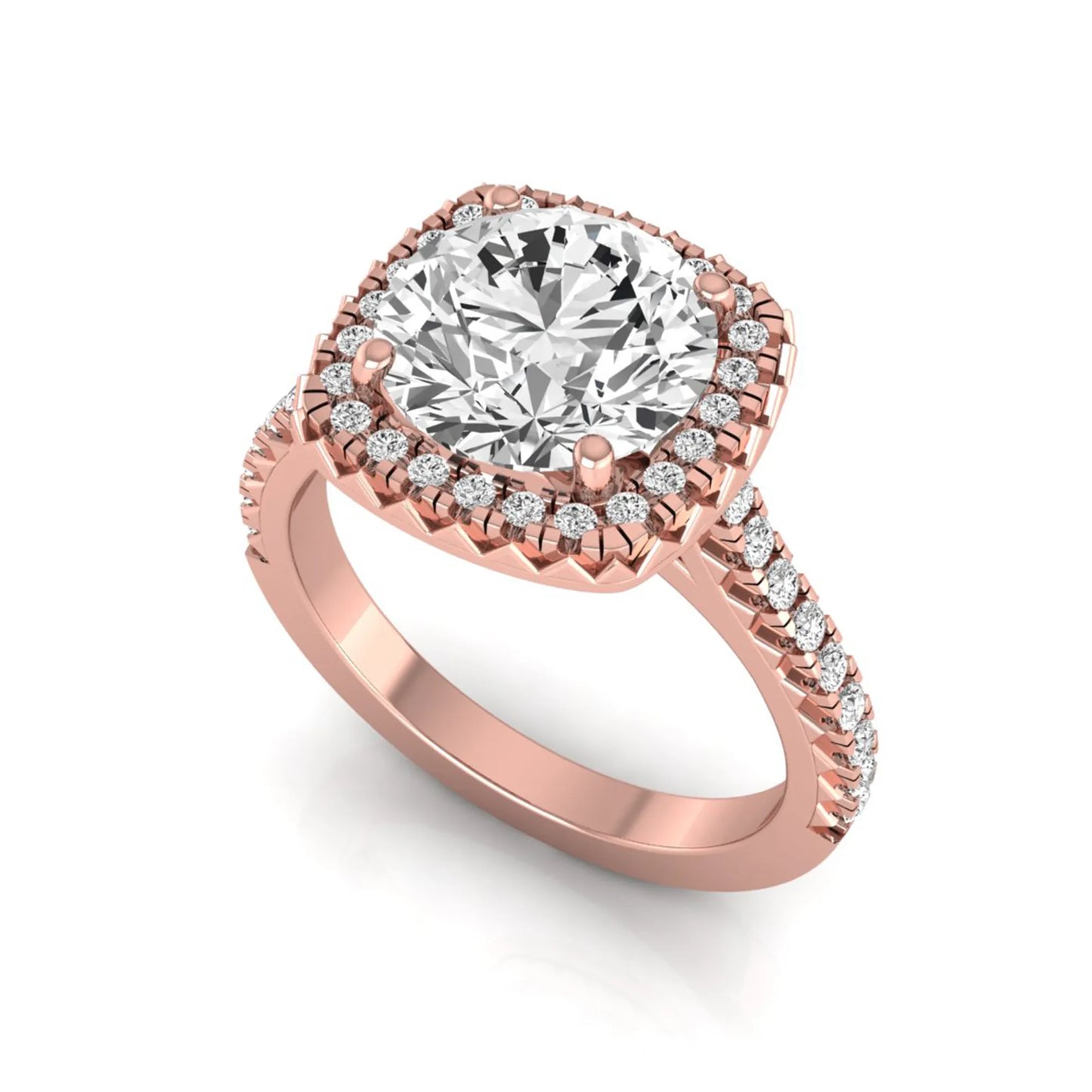 Round cut lab grown diamond halo engagement ring featuring a four-prong center setting with a pavé diamond band in rose gold tone.