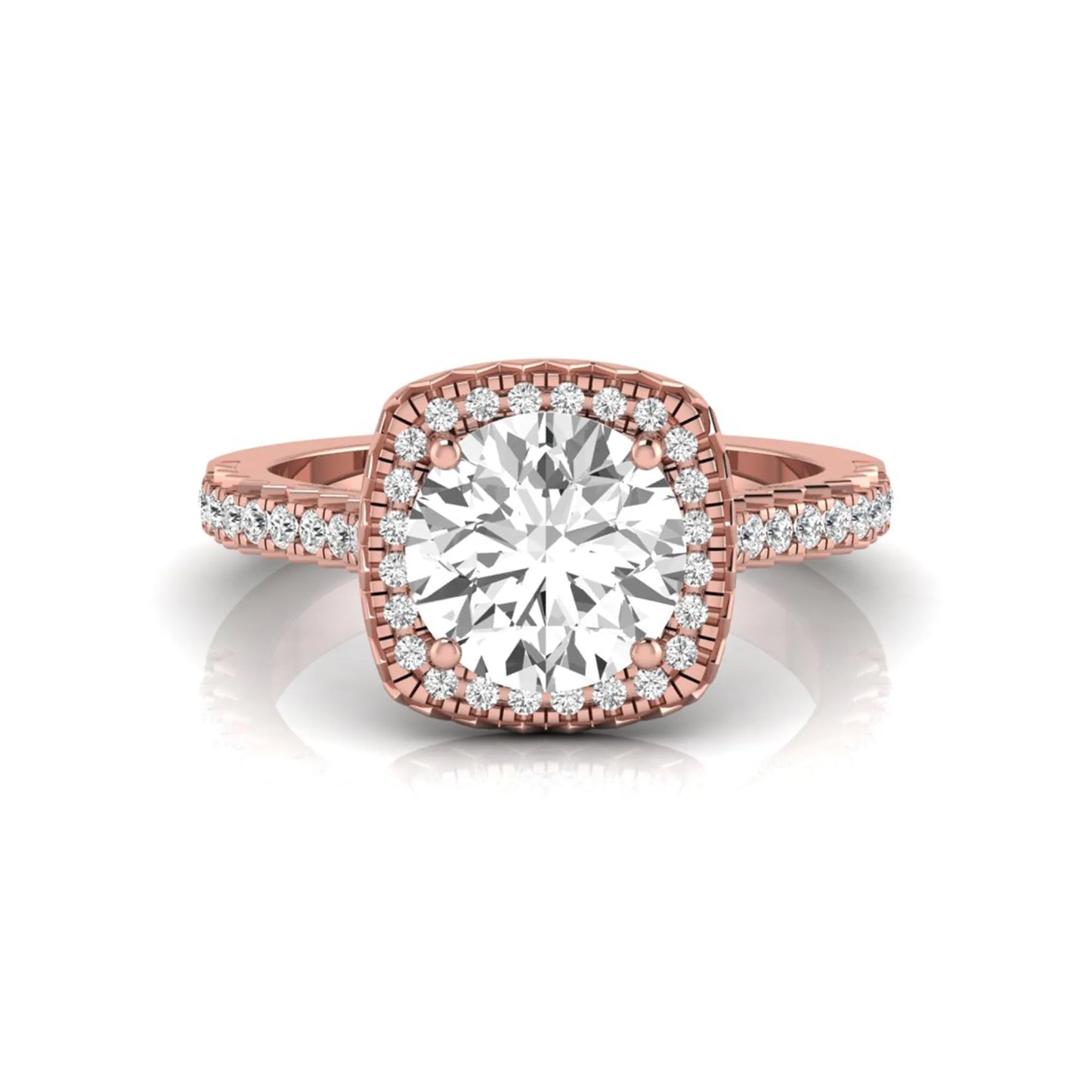 Round cut lab grown diamond halo engagement ring featuring a four-prong center setting with a pavé diamond band in rose gold tone.